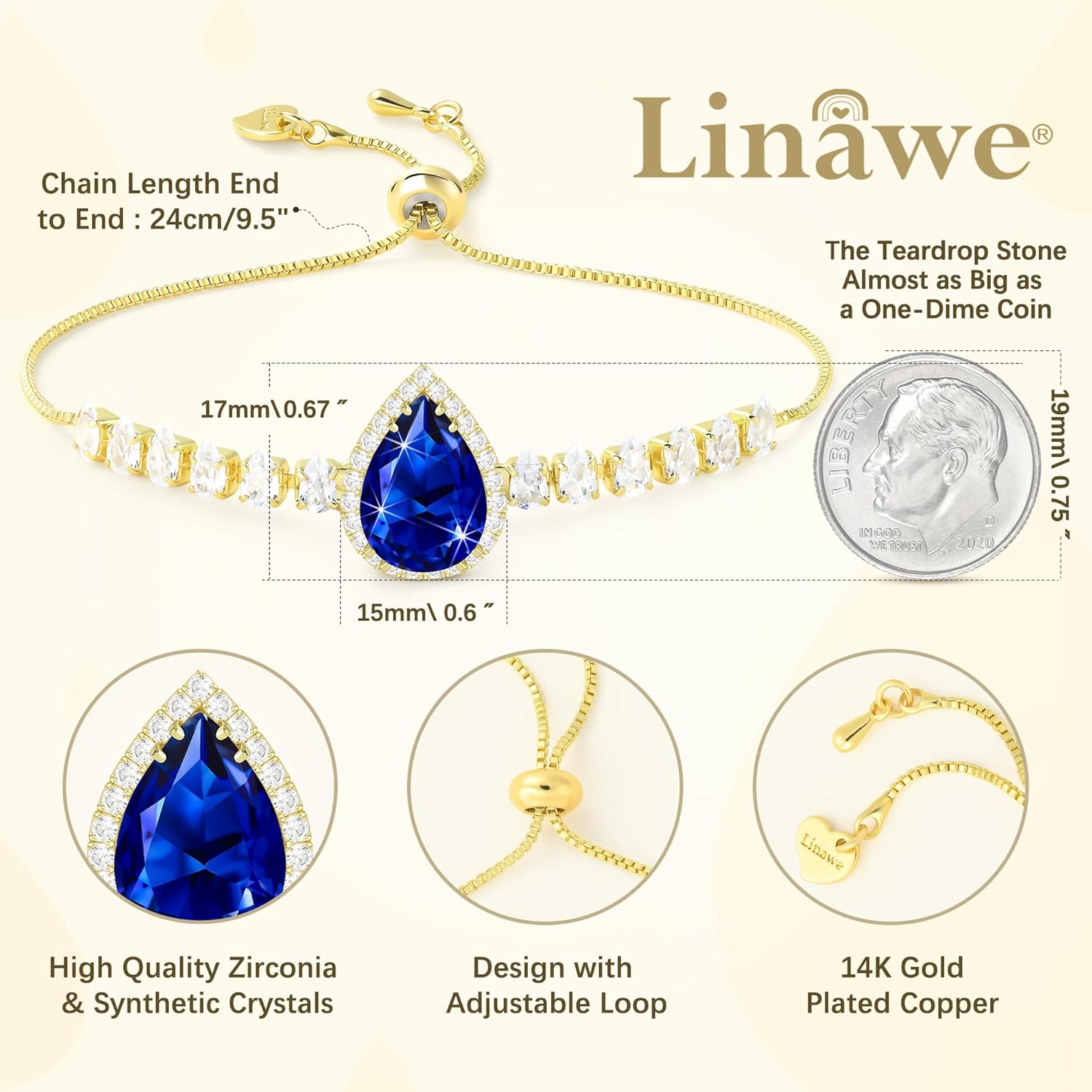 Linawe Crystal Imitation Diamond Rhinestone Charm Bracelets for Women, Gold/Silver/Rose Gold Adjustable Chain Bracelet, Teardrop Birthstone Cubic Zirconia Prom Costume Wedding Jewelry - Image 2