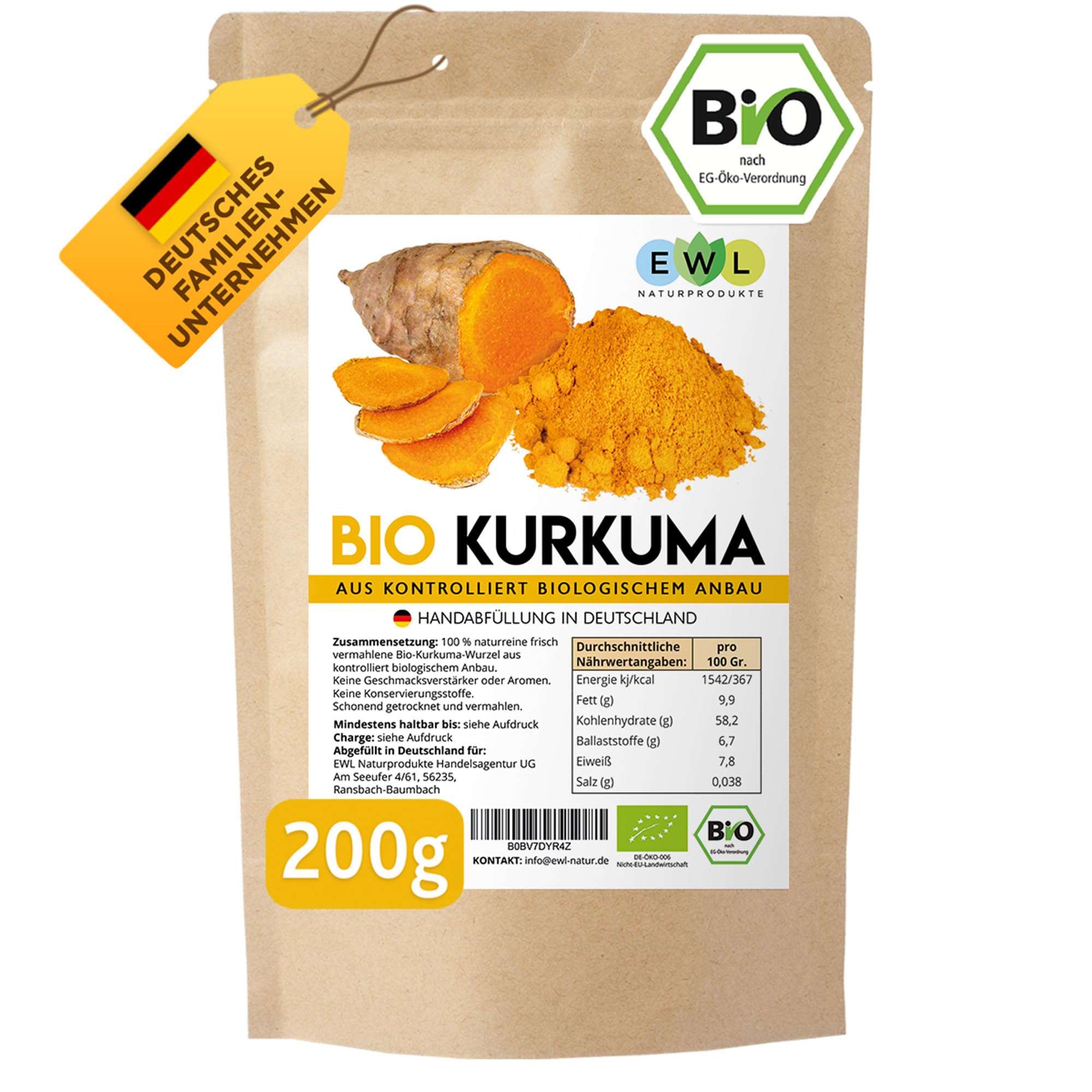 EWL Naturprodukte BIO Kurkuma Pulver 200 g, Kurkuma Bio Pulver fein gemahlen, Curcuma Pulver aus kontrolliert biologischem Anbau