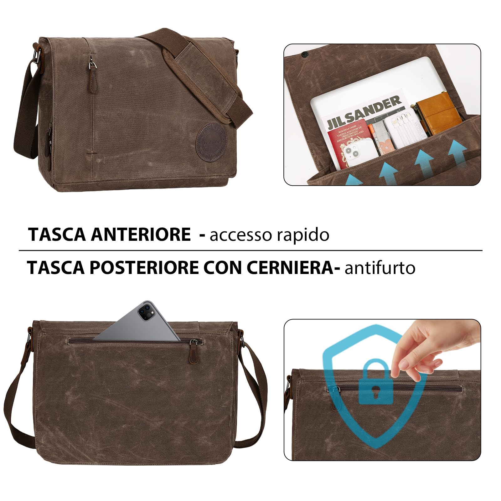 Leathario Borsa a Tracolla Uomo per Laptop 14 Pollici, Modello Messenger in Pelle Vera e Tela per Lavoro, Università e Scuola, Marrone