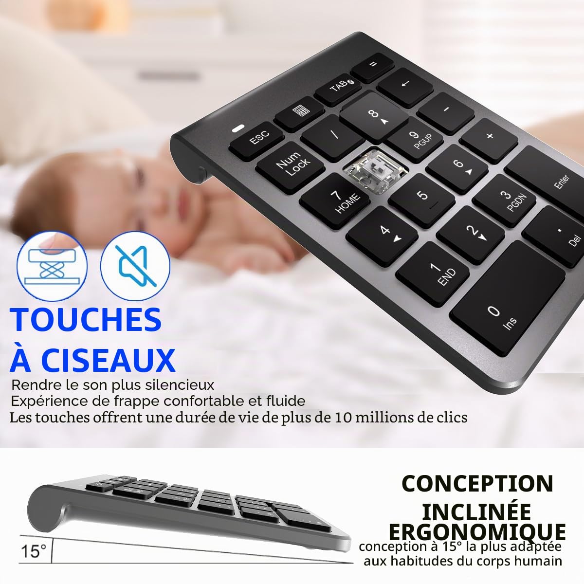 Clavier Numérique Bluetooth 5.0- Pavé Numérique Sans Fil 22 Touches（11 Touches Multifonctions） Pave Numerique Compatible avec PC/MacBook/Laptop/iPhone/SurfacePro (Windows/macOS/iOS/Android) Portée 10m
