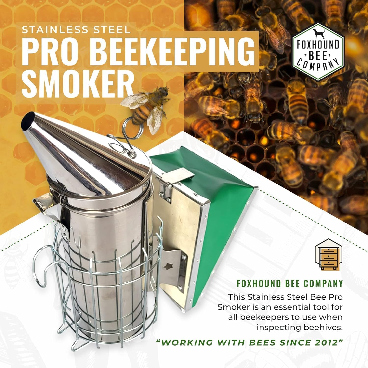Großer Pro Bienenräucher aus Edelstahl für die Imkerei mit hoher Wärmekammer, Brennschild, grünem Blasebalg und robusten Eigenschaften