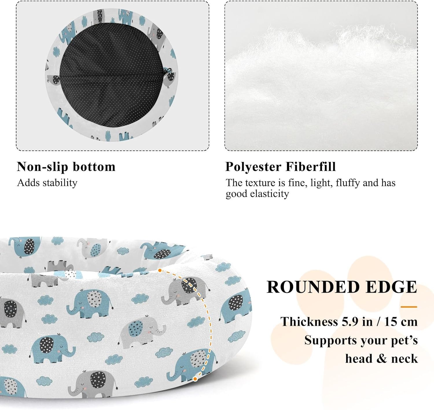 Elephant Dot Ear Pattern Dog Bed Round Donut Washable Puppy Cat Bed Small Pet Medium Dog Beds Mat for Small Medium Dogs Cats,M