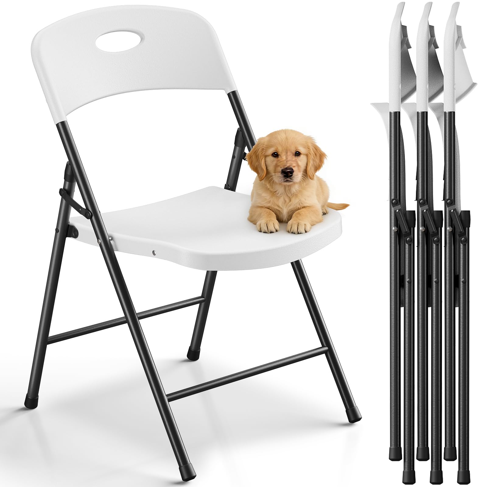 Folding Chairs 4 Pack, Outdoor White Folding Chairs for Outside Indoor, Portable 350 lbs Capacity Heavy Duty Plastic Metal Foldable Chairs Commercial Seating for Picnic, Party, Patio
