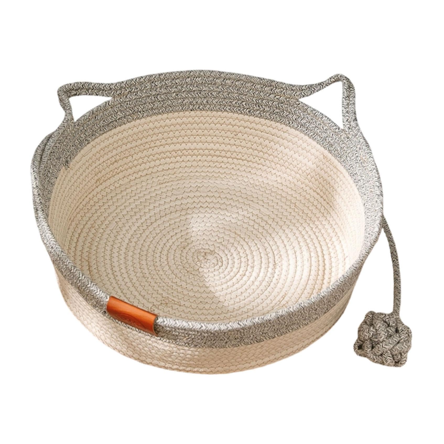 Cat Bed Basket, Handwoven Cotton Rope Enrichment Bed with Toy Tail, Scratchable Interactive Pet Nest, for Medium and Small Cats (Grey)