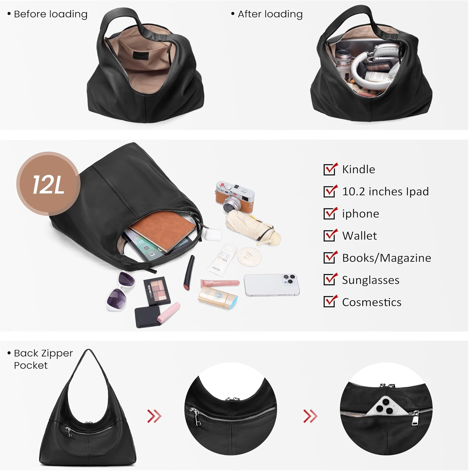 befen Leather Slouchy Hobo Bags for Women, Ultra Soft Large Tote Bag Purses, Lightweight Shoulder Handbag for Work Travel - Image 5