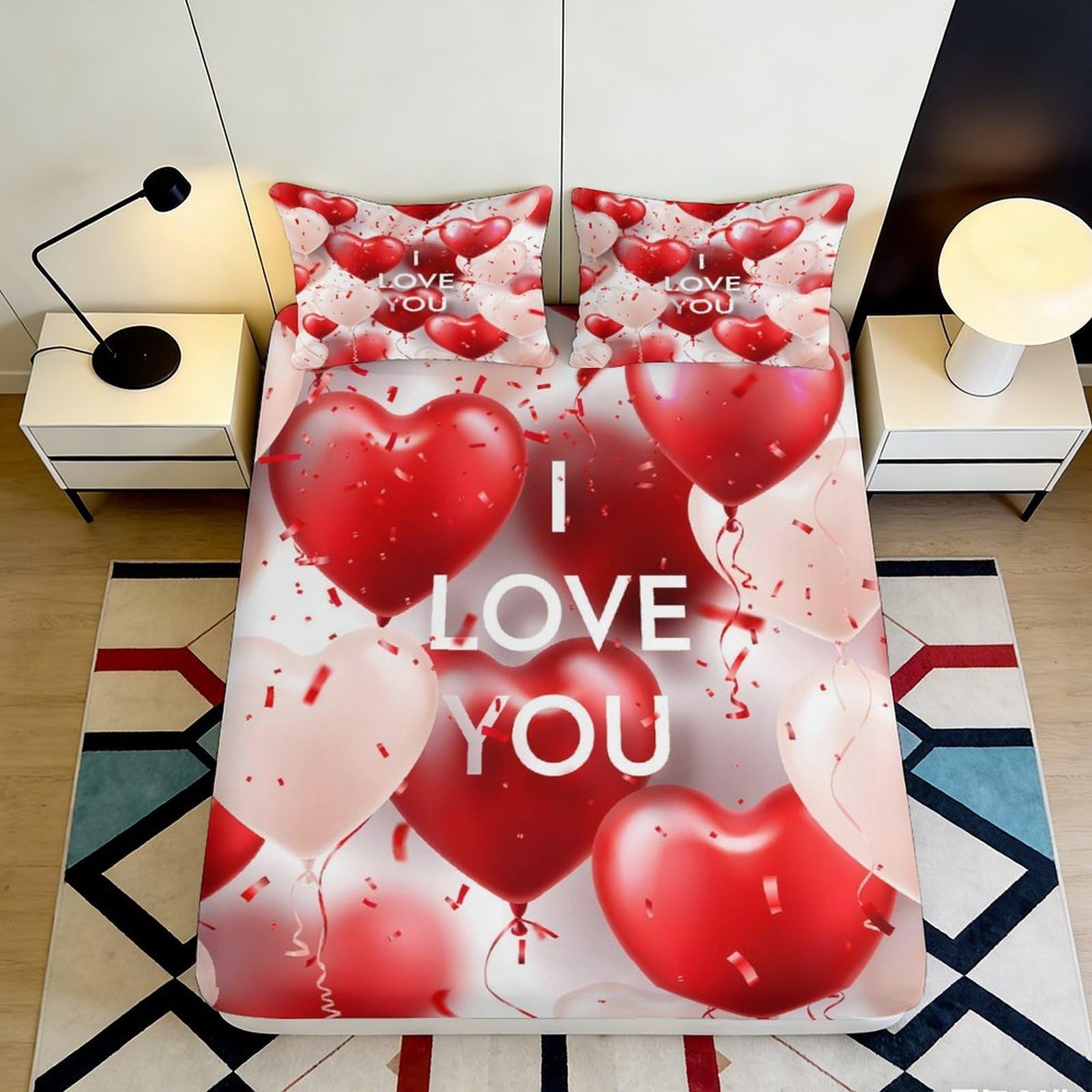 3D Printed Heart Balloon Fitted Sheet Microfiber Non-Slip Deep Pocket Heart Balloon Mattress Fitted Cover, Washable Bedding 140x200x25cm