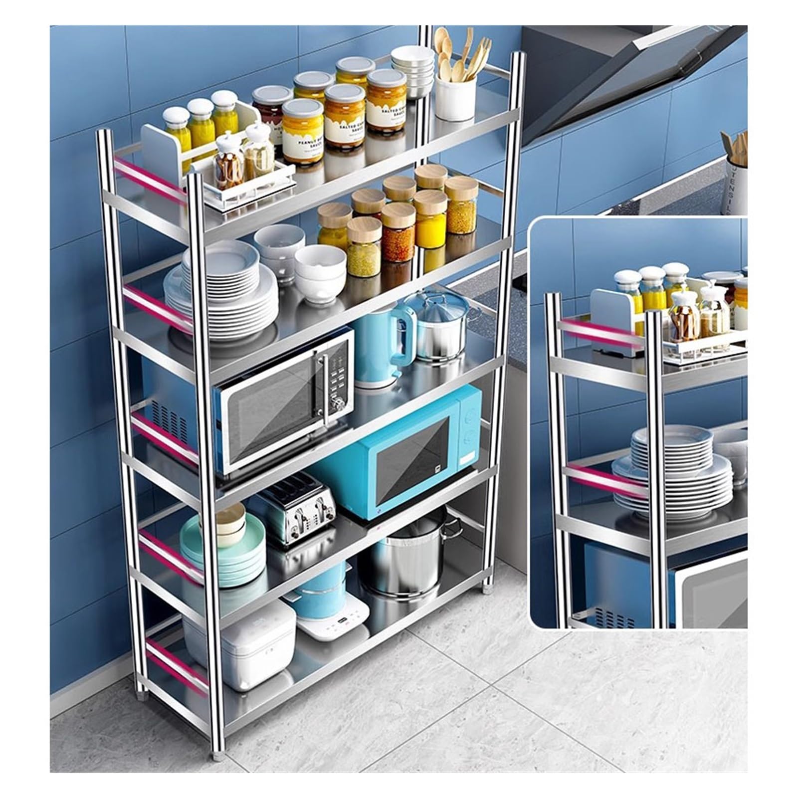 Scaffale da cucina in acciaio inox 304 a 5 ripiani, sottile, multifunzione, regolabile, per ufficio e sala libri (70 x 50 x 180 cm)
