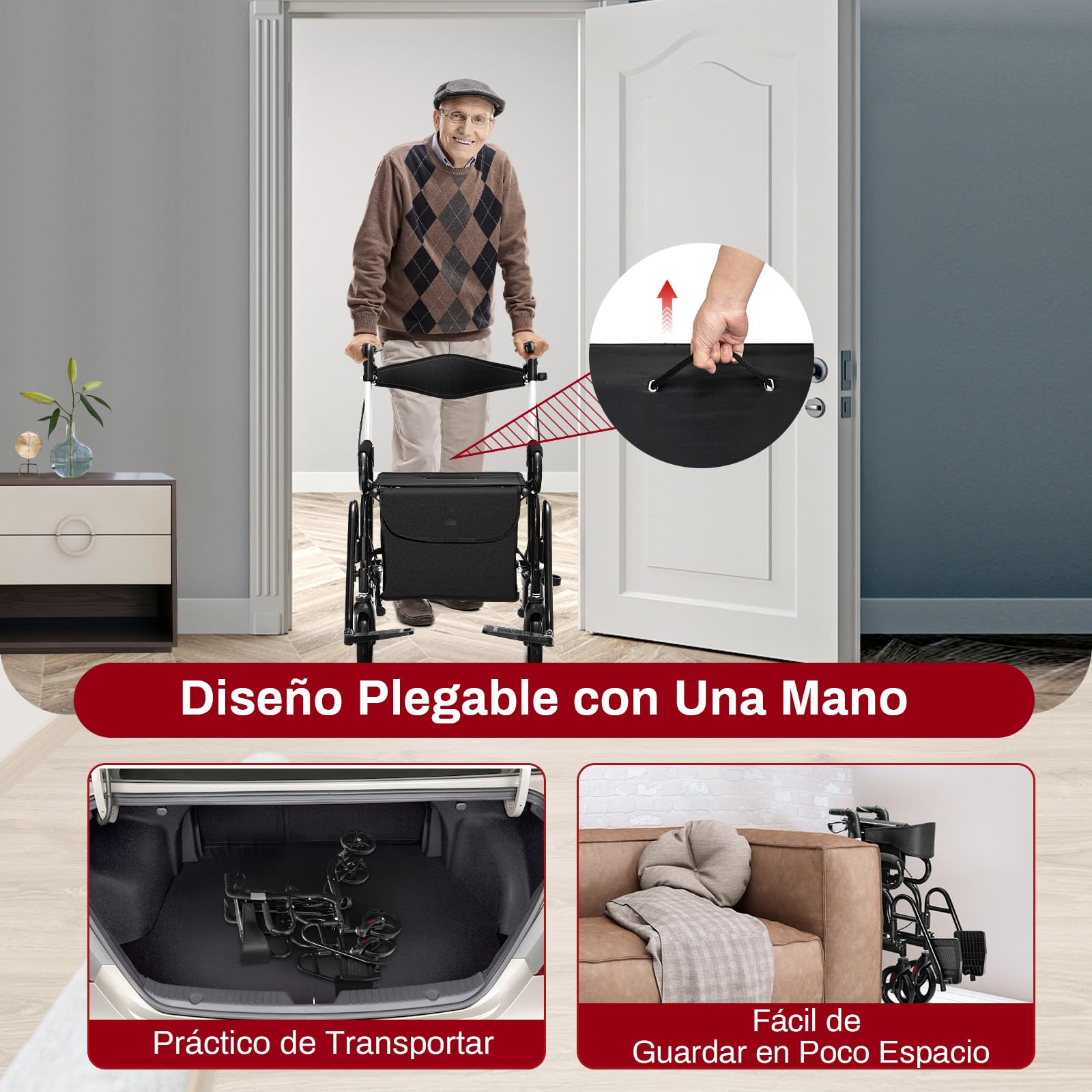 COSTWAY 2 en 1 Andador para Ancianos, Andador Plegable con Asiento, Respaldo Reversible, Mangos Ajustables, Ruedas PVC, Silla Transporte de Aluminio con Reposapiés y Bolsa Desmontable (negro)