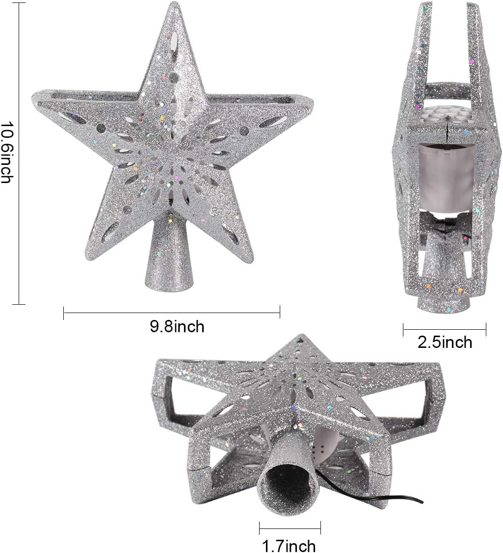 Sliver Christmas Tree Topper Lighted with White Snowflake Projector, LED Rotating Snowflake, 3D Glitter Lighted Snow Tree Topper for Christmas Tree Decorations for Christmas Holiday Party Decoration
