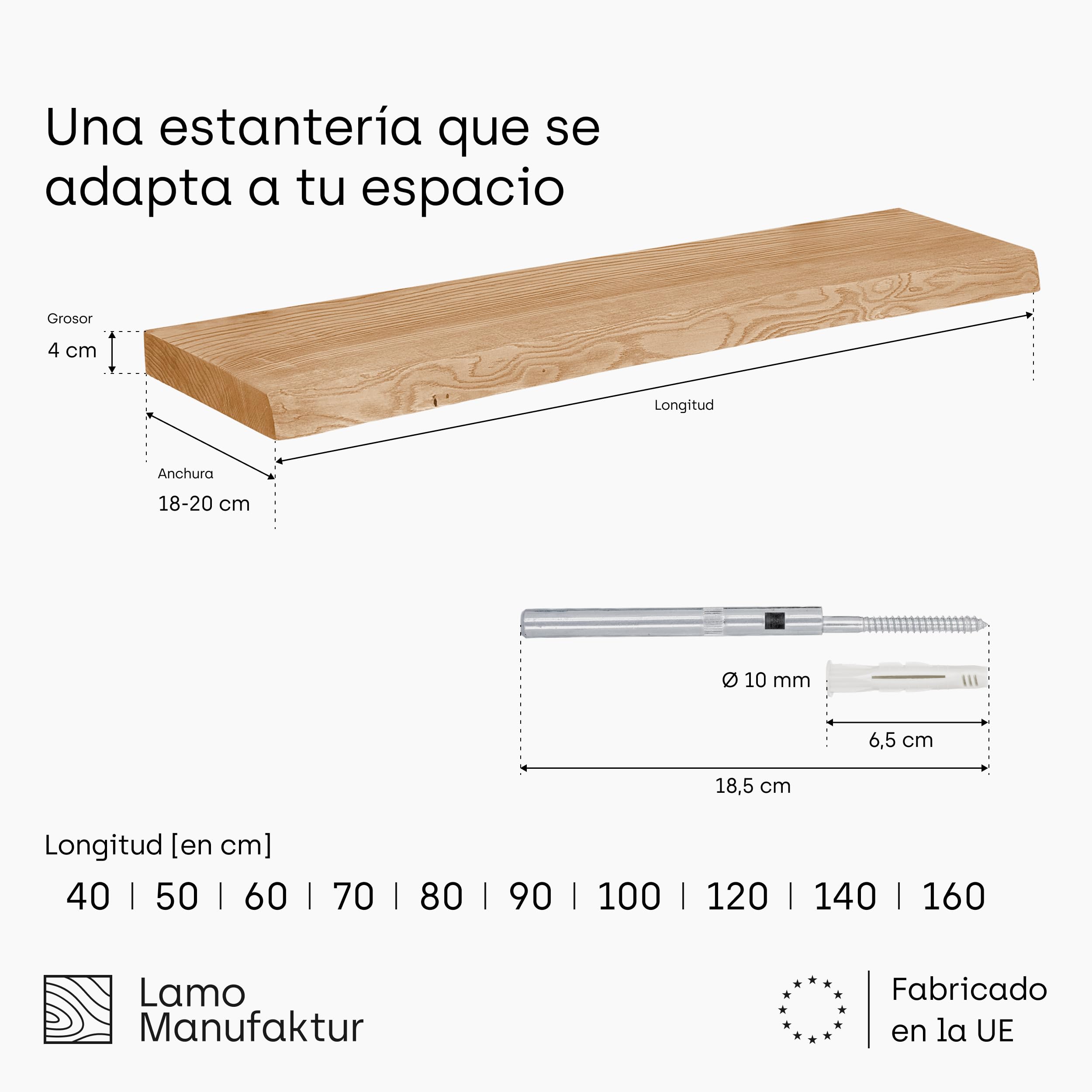 LAMO Manufaktur Estantería Flotante Pared de Madera con fijación Invisible | estanteria 40 cm Ancho para baño, Pasillo, Cocina | Color: Rustico, Borde: Natural | Madera Maciza, diseño Moderno