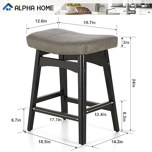 Miniatura 86 de ALPHA HOME Juego de 2 taburetes de bar, taburetes de cocina de madera maciza con cojín de piel sintética gris, taburetes de bar con base de madera
