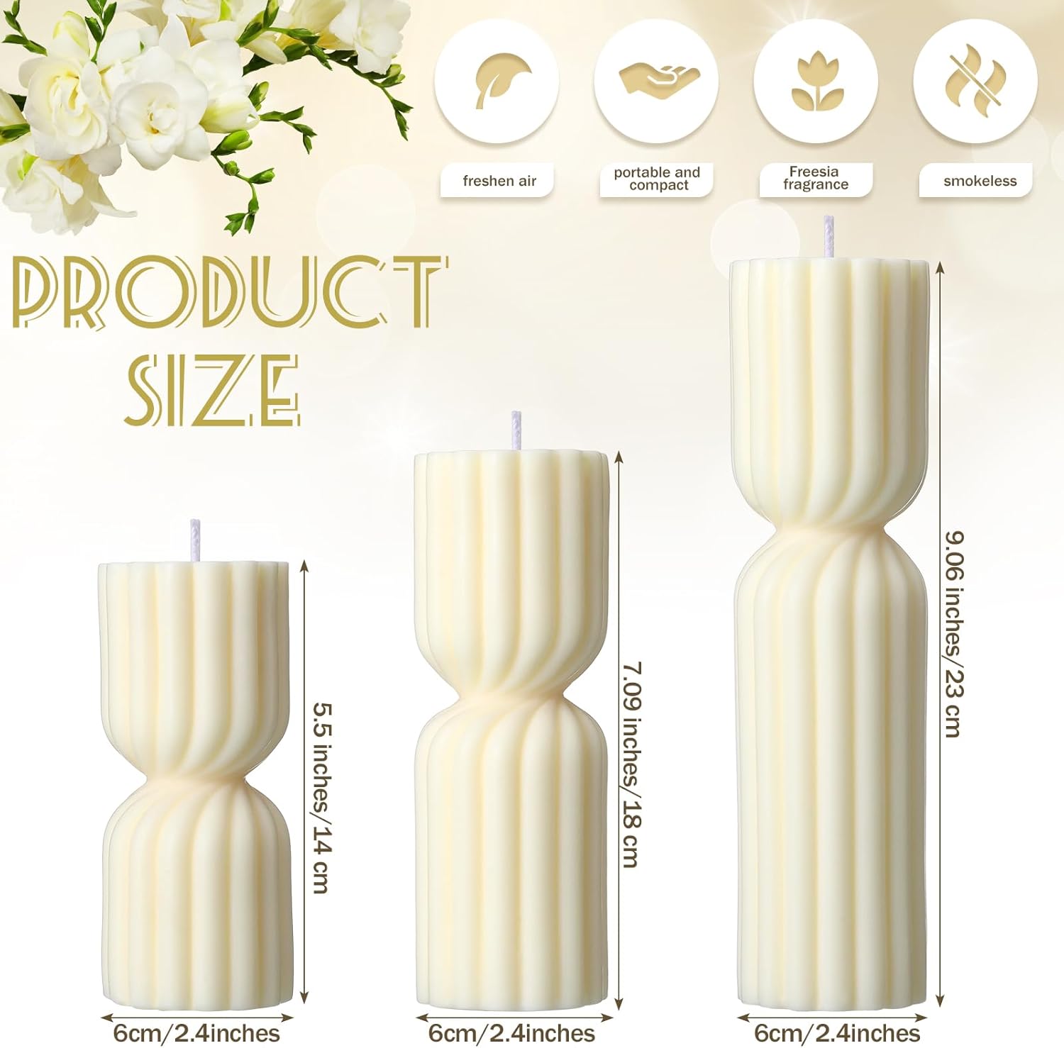Ribbed Pillar Candles Set of 3 Width 2.4" High 5.5" 7" 9" Handmade Scented Soy Wax Candle Natural Aesthetic Candles Housewarming Gift Decorative Candles for Home Decor(White) - Image 2