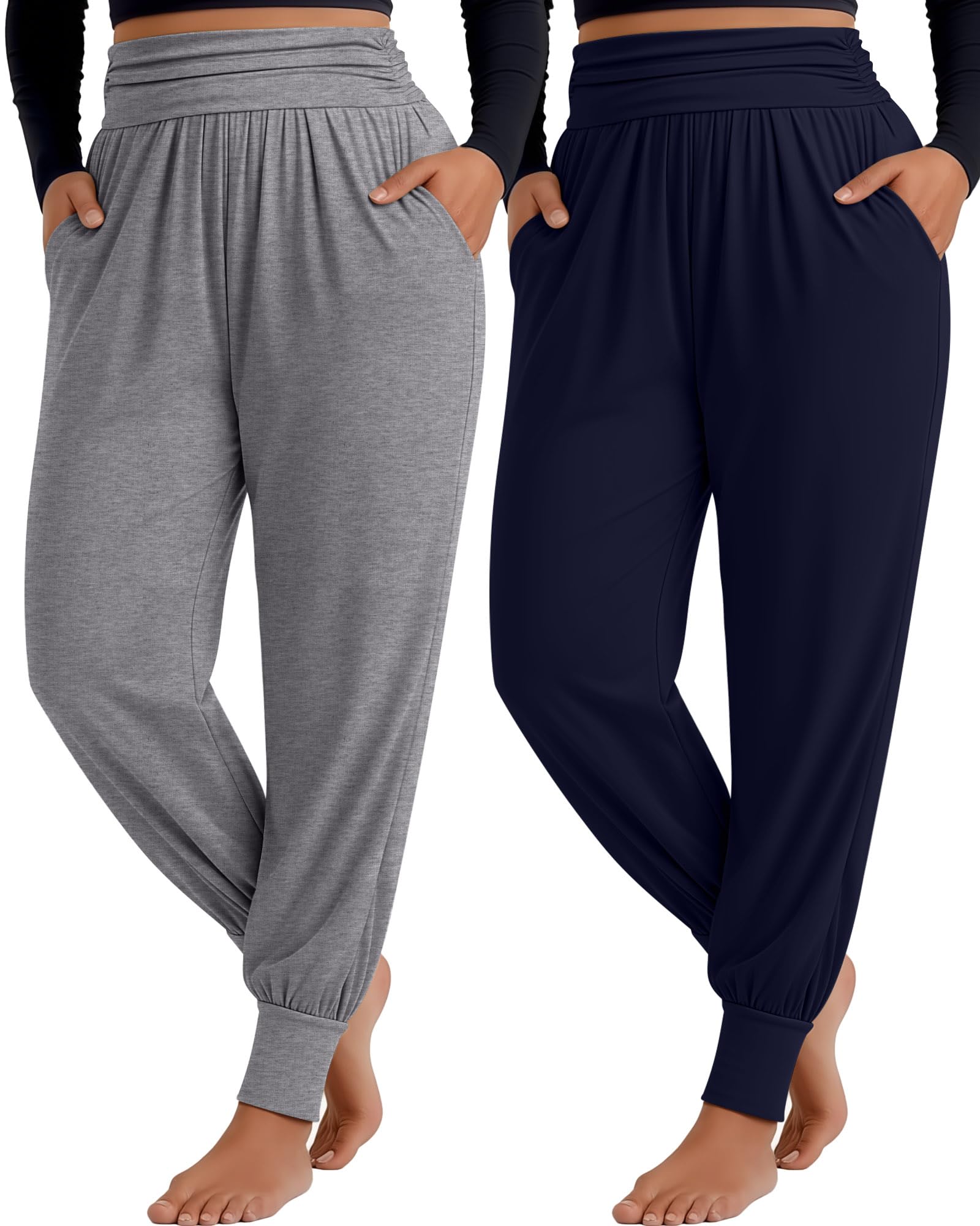 Evervibe 2 Pack Womens Plus Size Yoga Joggers, Loose Workout Sweatpants Comfy Lounge Pants with Pockets Casual Pajama Pants
