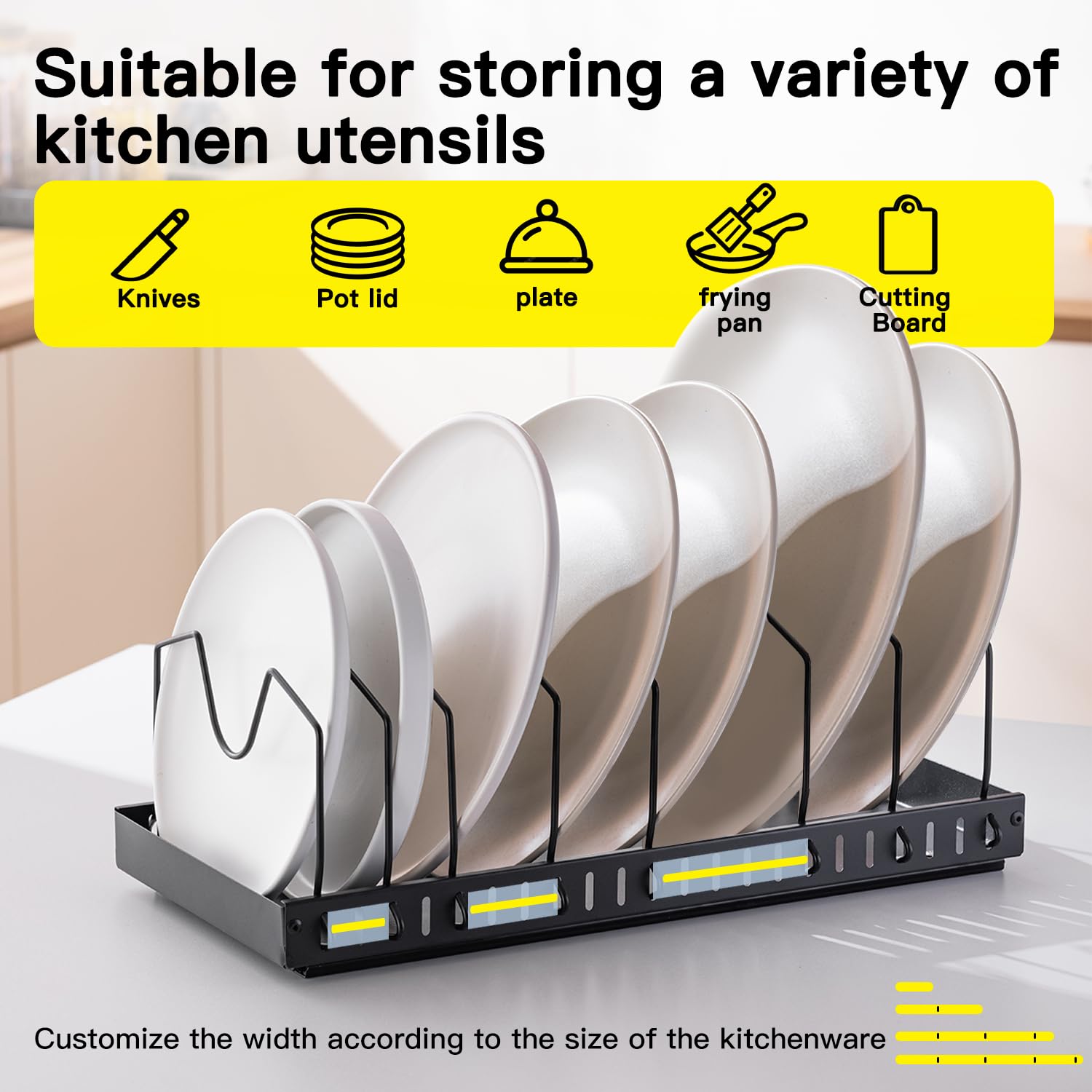 KEXIBO 2 pezzi Porta Coperchi Pentole Scorrevole, porta coperchi pentole salvaspazio, Organizer Padelle con 8 Scomparti Regolabili per Padelle, Coperchi Organizer Cucina, Nero