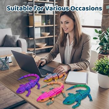 4Pcs 3D Printed Animals, Lizard Collection, Detailed Animal Figures for Display and Play, Silk Blue Purple, Blue Green, Multicolour Red Yellow Green, Rainbow Candy Designs