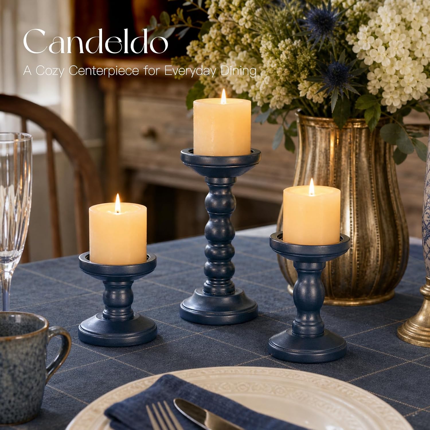 Candeldo Wood Candle Holder for Pillar, Navy Blue Coastal Decoration