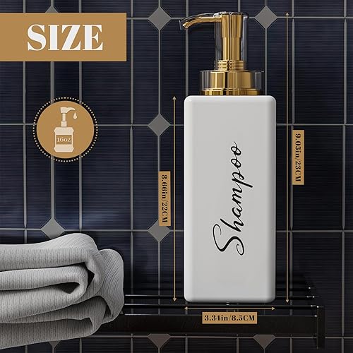 Miniatura 3 de Akalin Botellas recargables de champú y acondicionador, dispensador de jabón blanco y dorado de 16 onzas, dispensador de champú y acondicionador