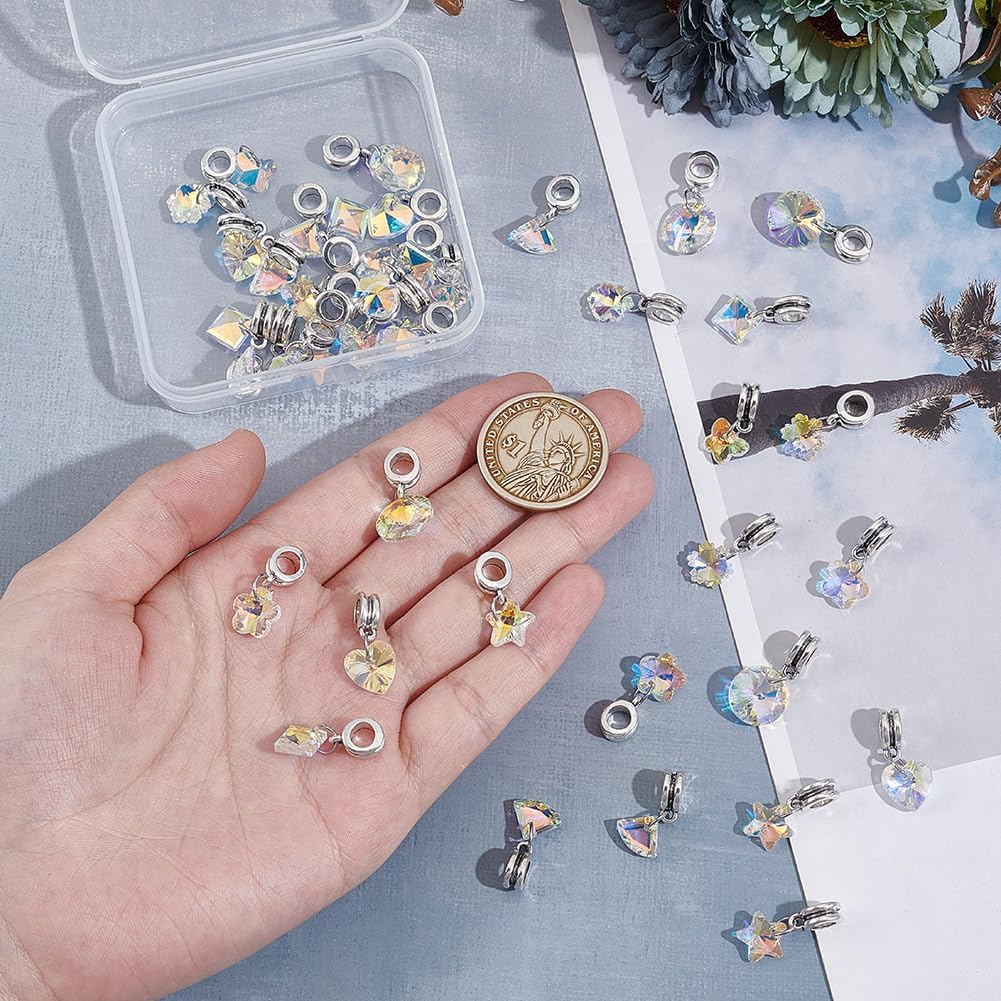 AHANDMAKER 40Pcs 8 Styles Crystal AB Glass Charms, Transparent Dangle Pendants with Large Rings Heart Star Flower European Beads for DIY Jewelry Making Necklaces Earrings Bracelets Keychains - Image 3