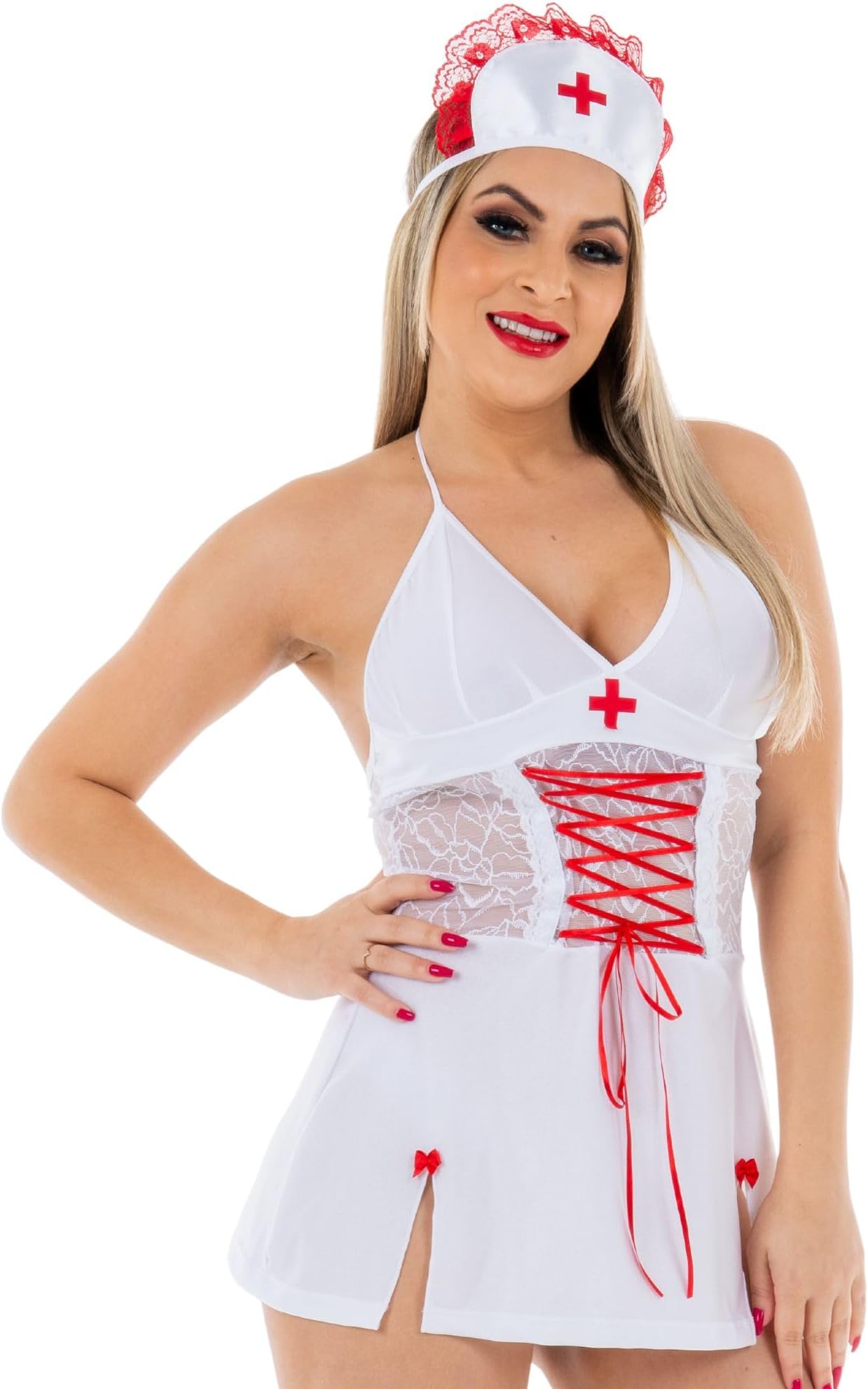 HOT FLOWERS Nurse Costume Women Lingerie Set Cosplay Nightwear Outfit with Dress, G-String and Headband, White