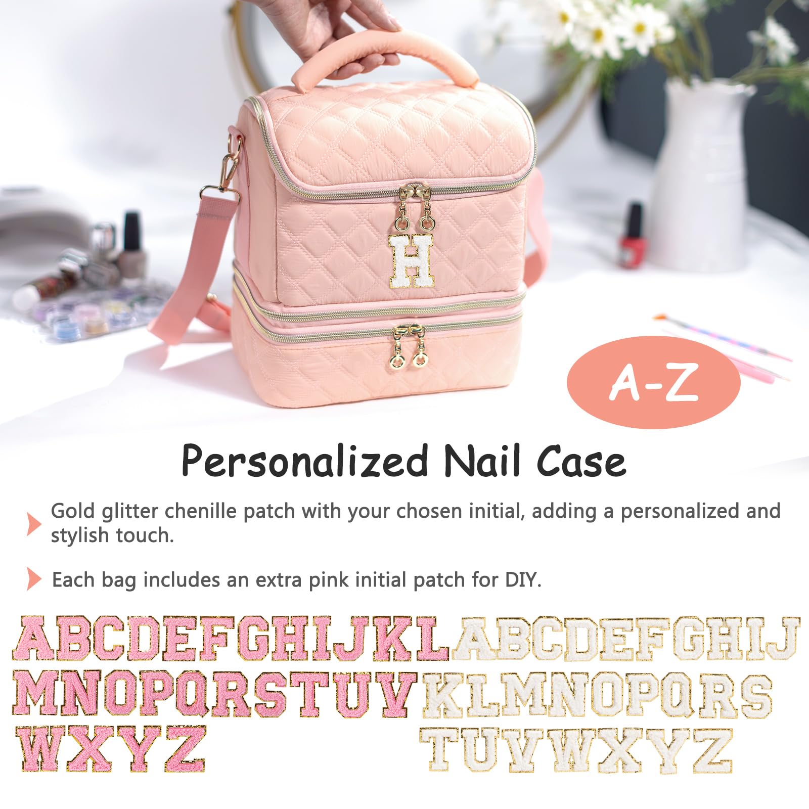 Organizador personalizado de esmalte de uñas con inicial, capacidad para 48 botellas (15 ml), lámpara de uñas y herramientas, bolsa de uñas para organizadores y almacenamiento de uñas, soporte