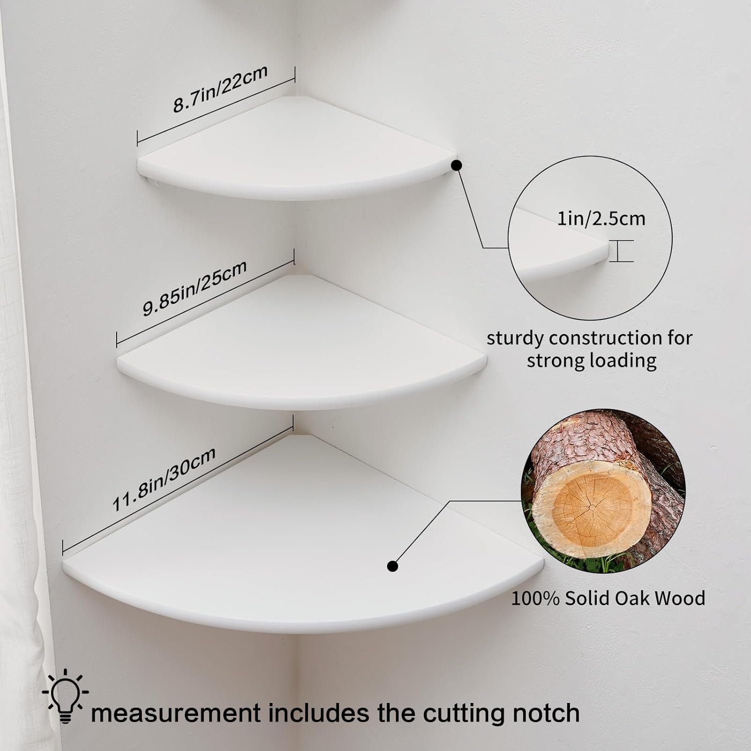 corner shelves, floating corner shelf, set of 3 solid oak wood corner wall shelves, round end with wire hole shelving for small plant for bedroom kitchen, living room (size 9/10/12in) 9/10/12in(3p) white