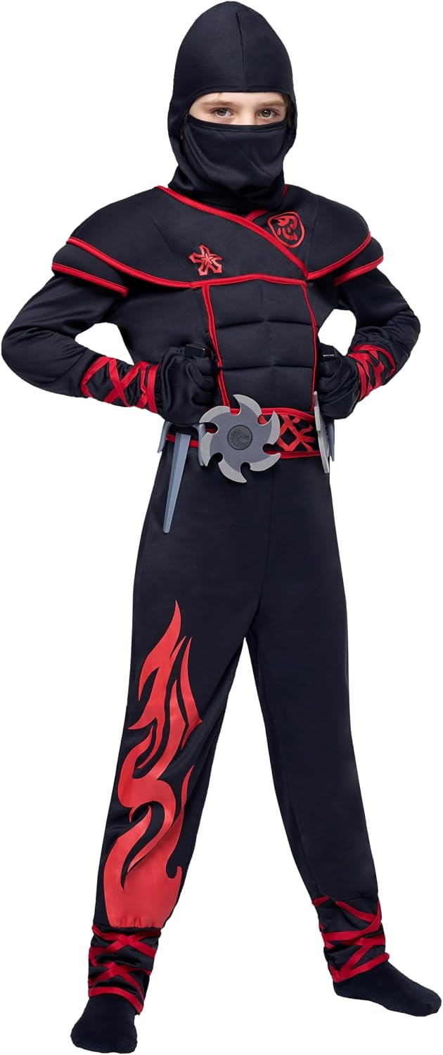 Spooktacular Creations Ninja Costume Kids, Muscle Ninja Deluxe Set, Toddler Unisex Kungfu Halloween Costumes with Foam Accessories for Halloween Themed Parties, Red, L