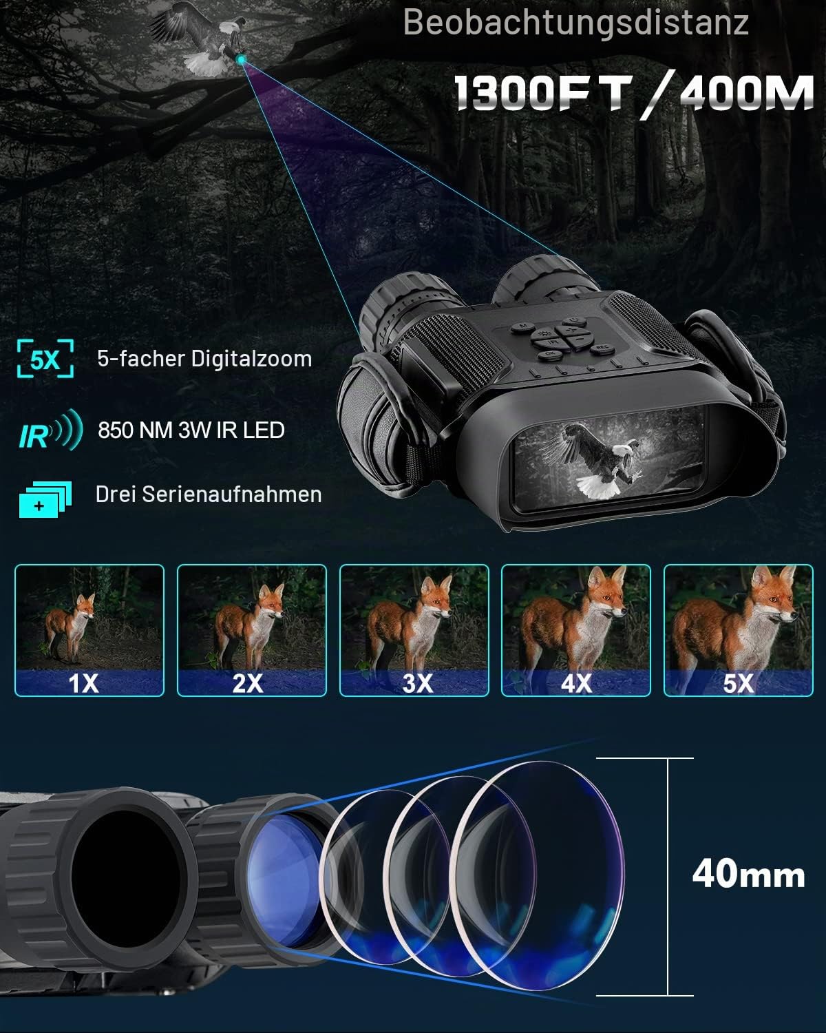 Nachtsichtgerät, IR Nachtsichtbrille Digitale Infrarot-Fernglas Kamera 4" TFT HD LCD WiFi, 1280P Video, 400m Sichtweite für Dunkelheit, 5X Digitalzoom zum Aufspüren