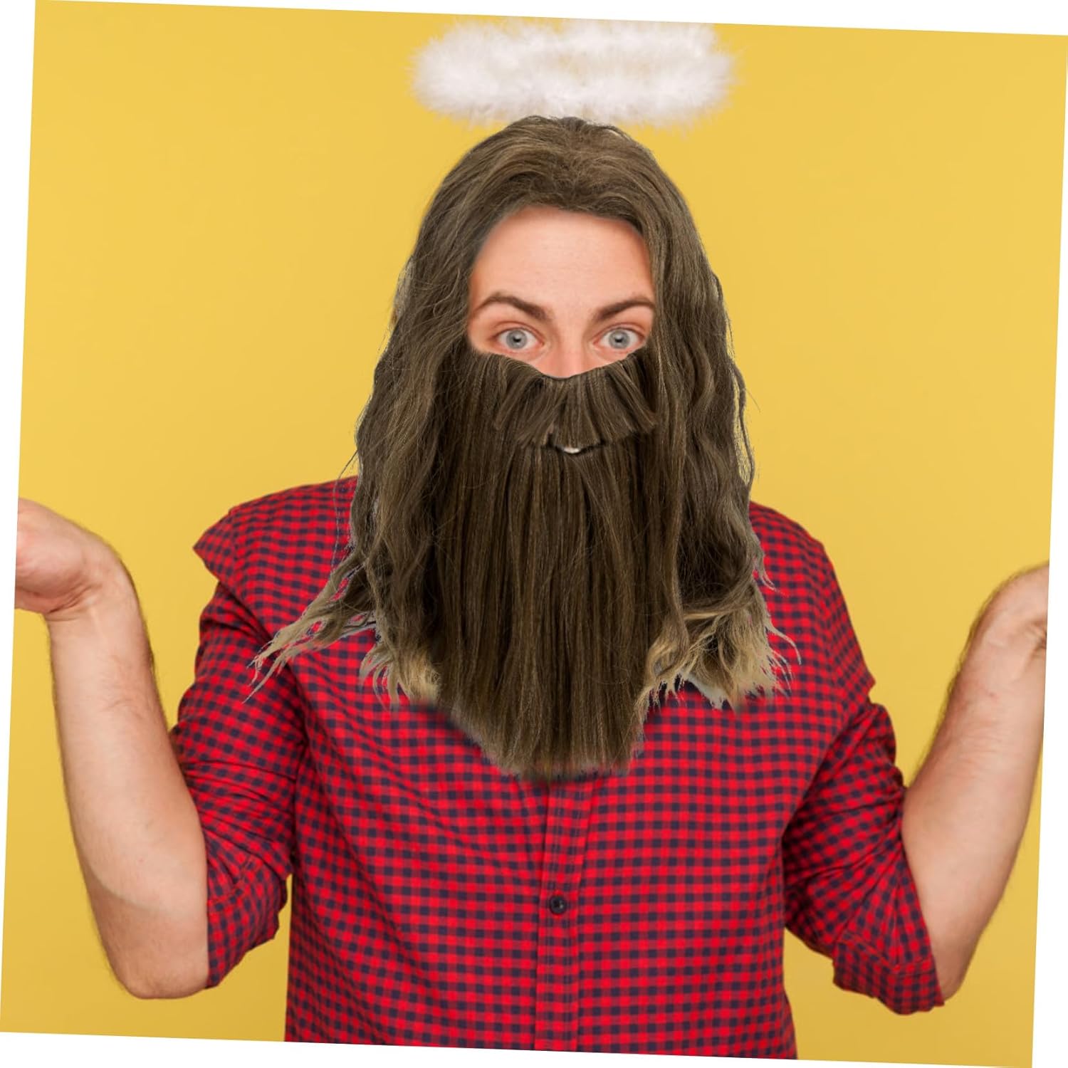 Men S Long Curly Brown Wig with Beard Cosplay Costume Party Accessory Realistic Hairpiece for Role Play and Halloween Dress Up