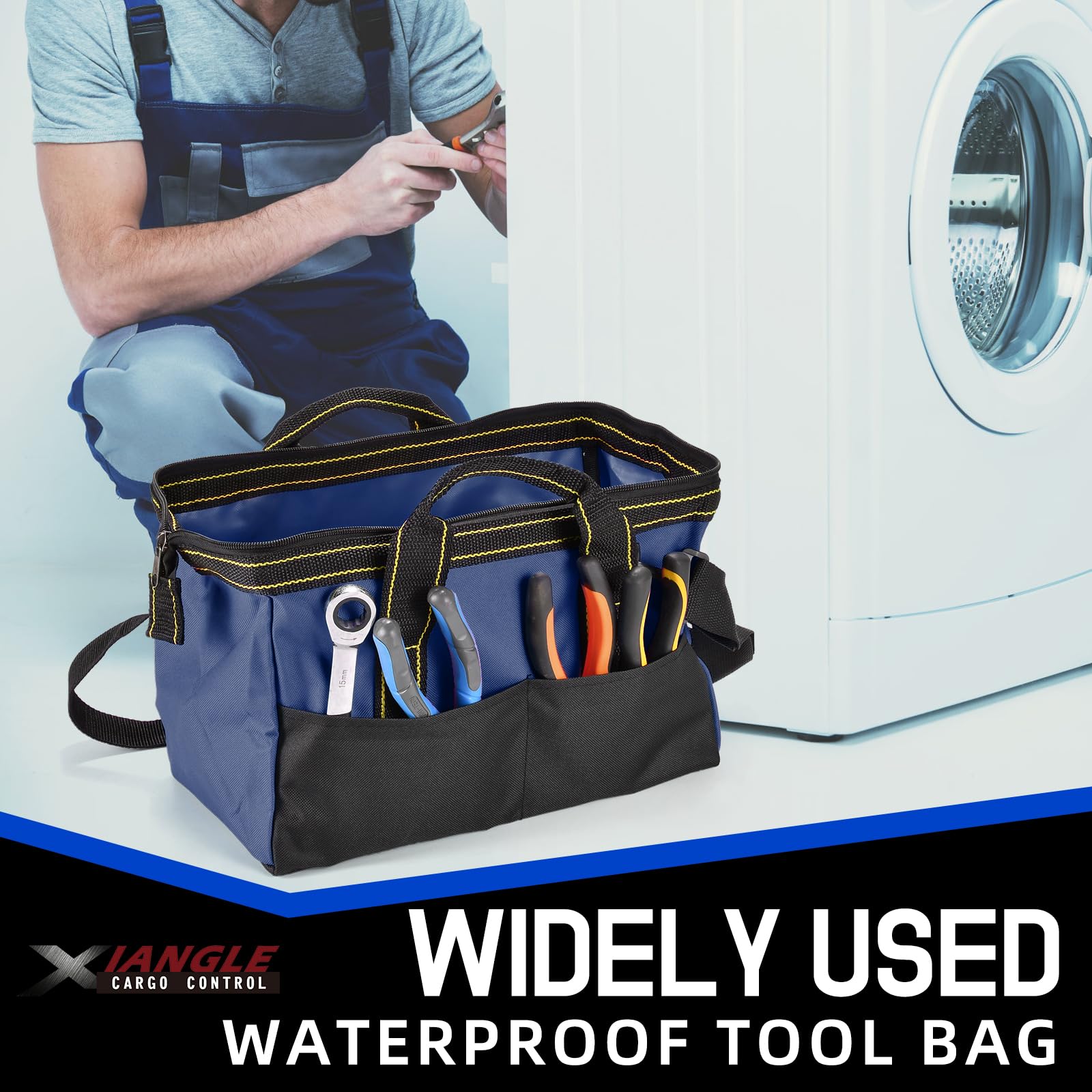 Paquete de 3 bolsas de herramientas pequeñas de 13 pulgadas para hombres, bolsa de herramientas impermeable con cremallera, bolsa de herramientas de boca ancha con material resistente para