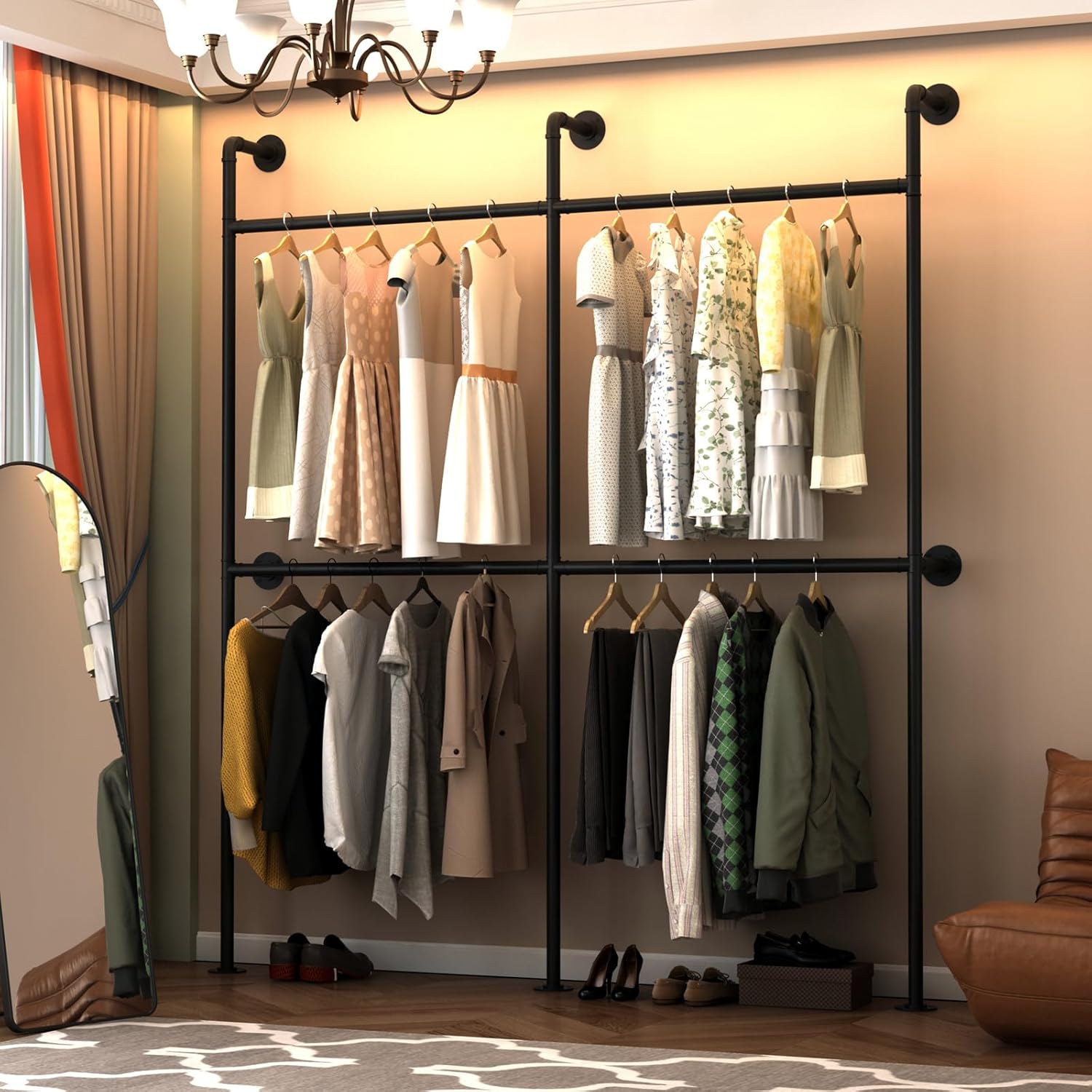 Industrial Pipe Clothing Racks Wall Mounted, Rustic Black Industrial Pipe Clothes Rack Design - Stylish & Heavy Duty Corner Garment Racks, Perfect for Home or Retail Display 4Rod-75.6"W Black