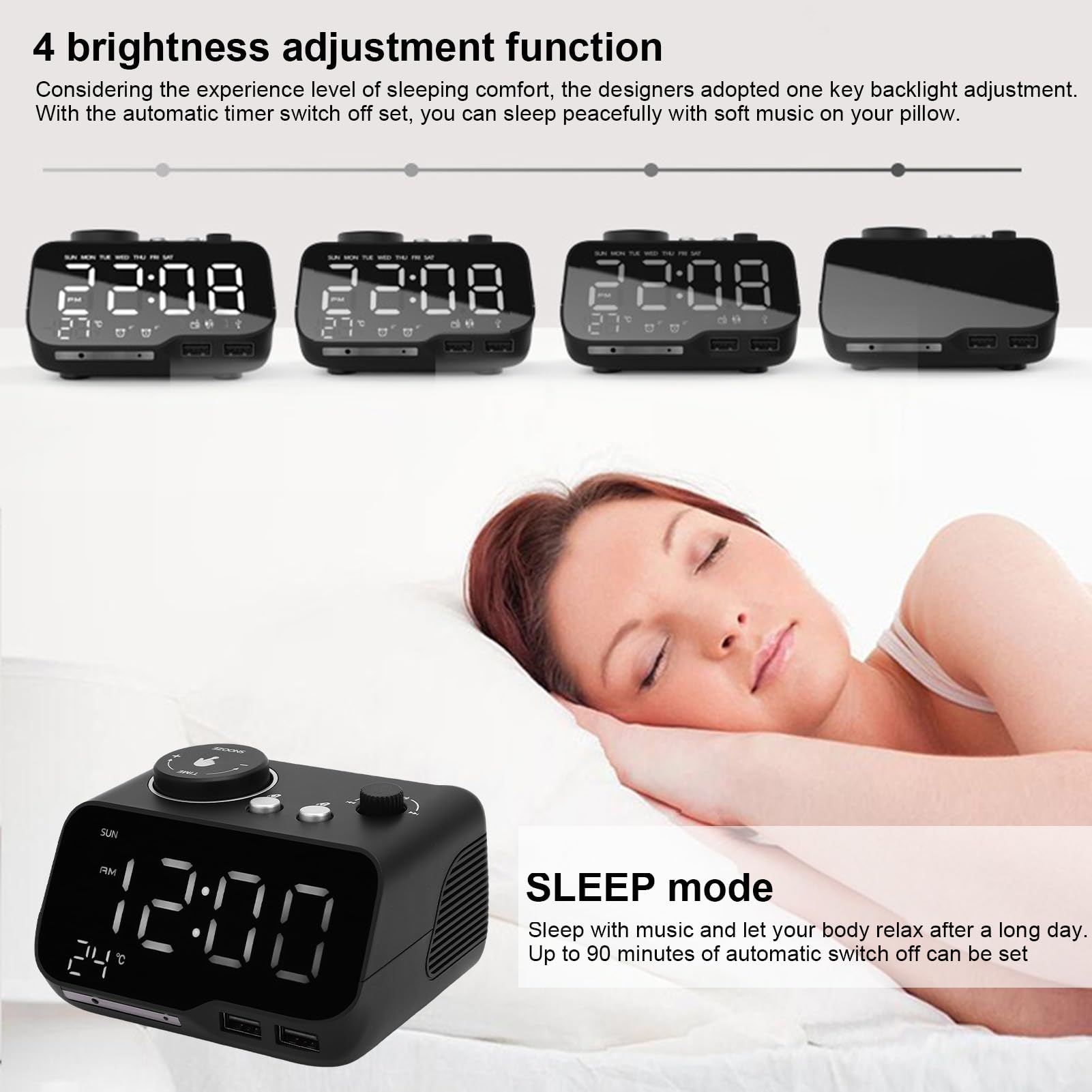 Reloj Despertador Digital con Altavoz Bluetooth 5.0, Radio FM, Alarmas Duales, Pantalla LED para Temperatura y Día Laborable, Brillo Ajustable, para Dormitorio Oficina (Enchufe de la UE)