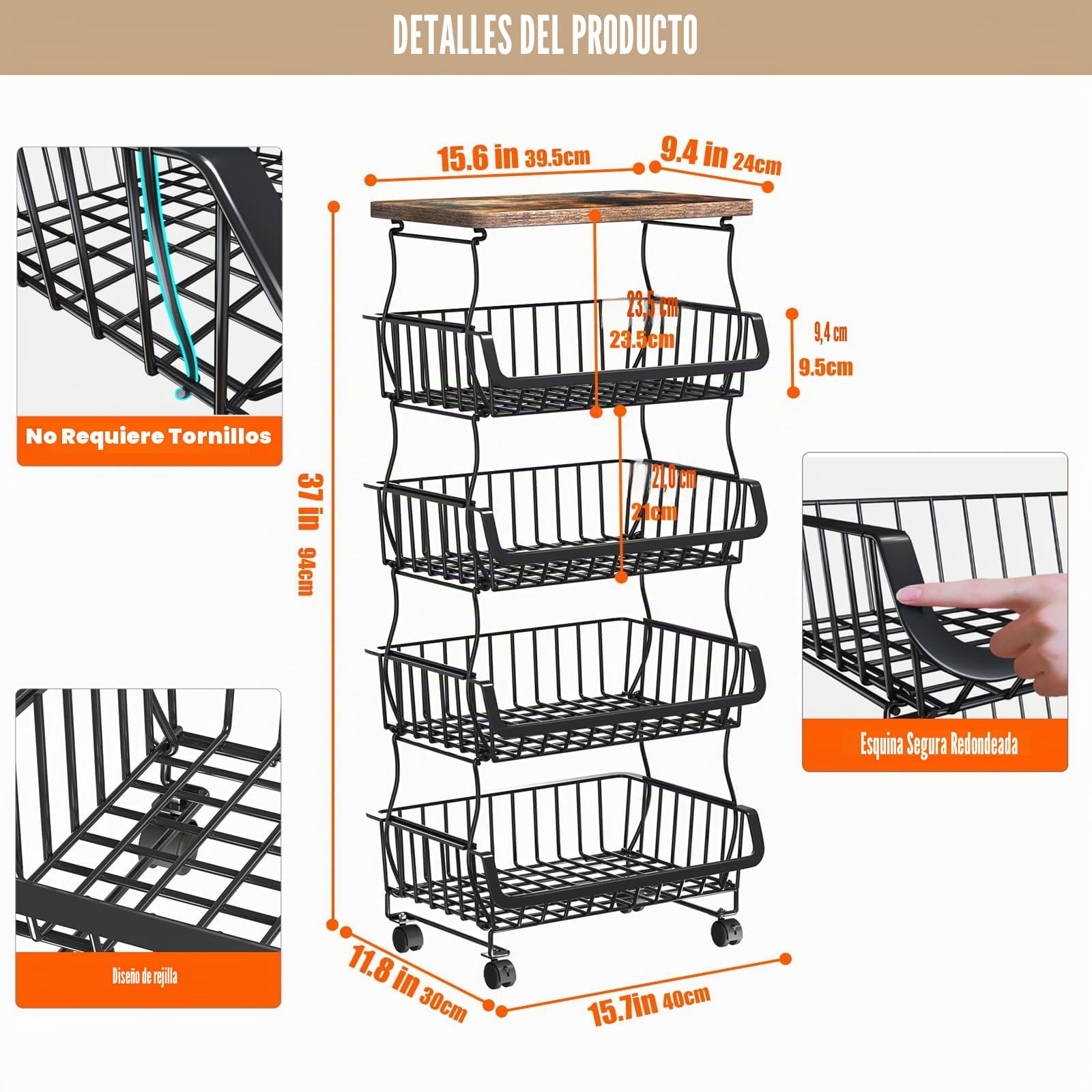 Cesta de Frutas y Verduras para Cocina de 5 Niveles(Tabla de Madera), Organizador de Almacenamiento de Alambre Apilable para Estantes de Cocina, Estante para Aperitivos, Cesta de Frutas