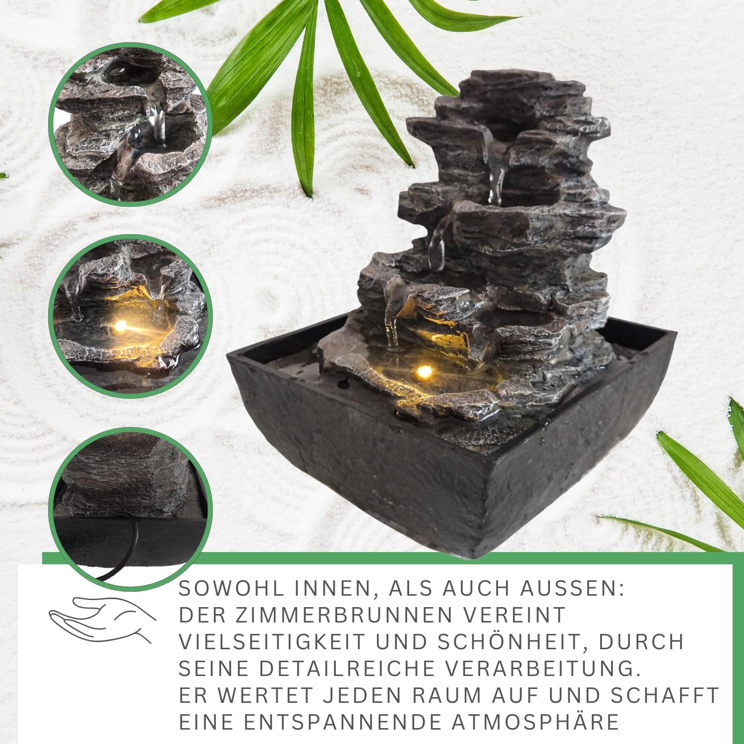 DRULINE Fontaine d'intérieur avec LED - Fontaine cascade - Fontaine d'intérieur - En polyrésine - Aspect pierre - l/H/P : environ 13,5 x 18 x 13,5 cm - Gris/noir - Pour l'intérieur