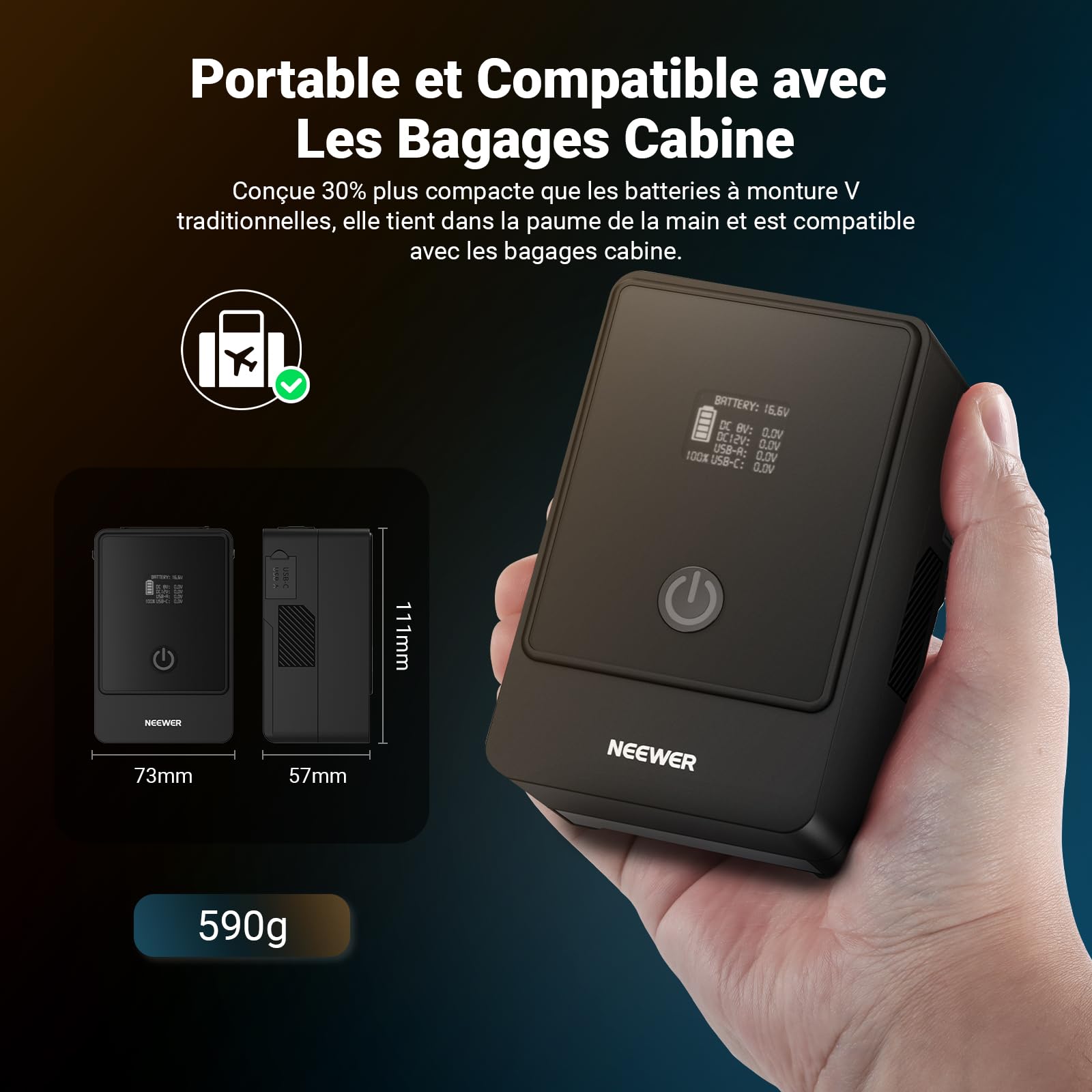 NEEWER Mini Batterie V Mount 6800mAh 99Wh 14,5V, Mini Batterie V-Lock avec PD 65W USB-C/D Tap/BP/USB A/Double Port DC/Écran OLED pour Appareil Photo Caméra,Compatible avec SmallRig BMPCC 4k 6k, PS099E