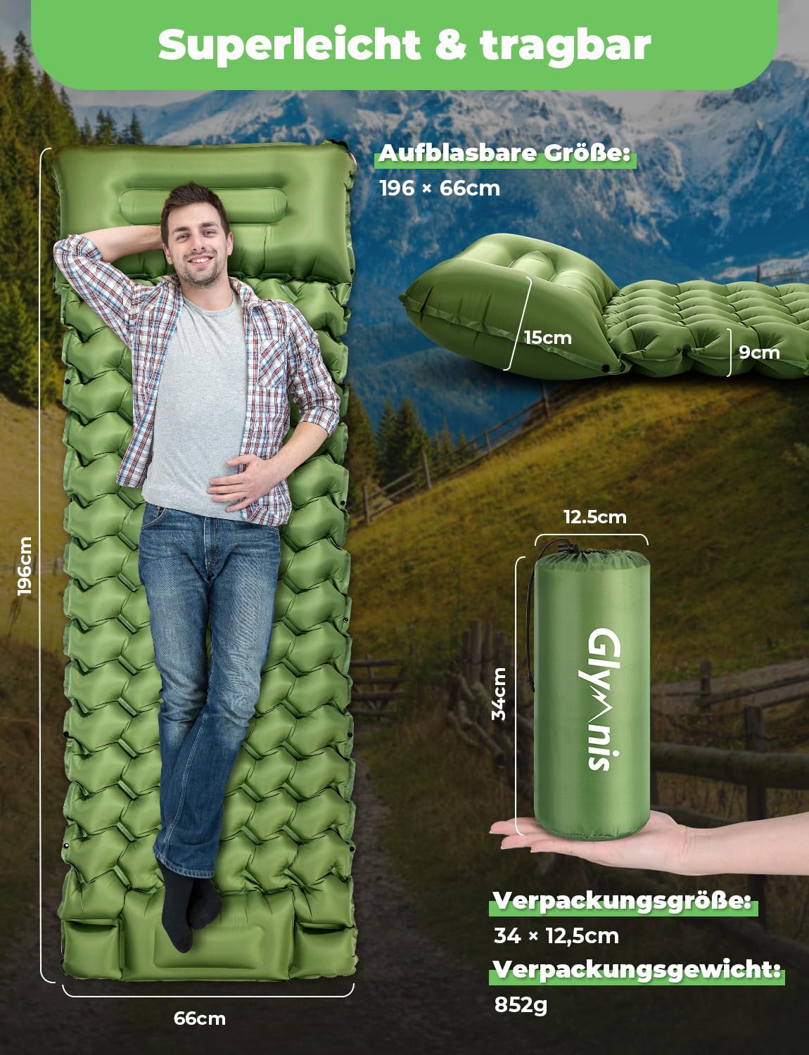 Glymnis Isomatte Camping Aufblasbare Luftmatratze mit Fußpresse Pumpe und Kissen, Wasserdicht Luftmatratze Outdoor, Anti-Ripstop Schlafmatte für Wandern Reisen Camping