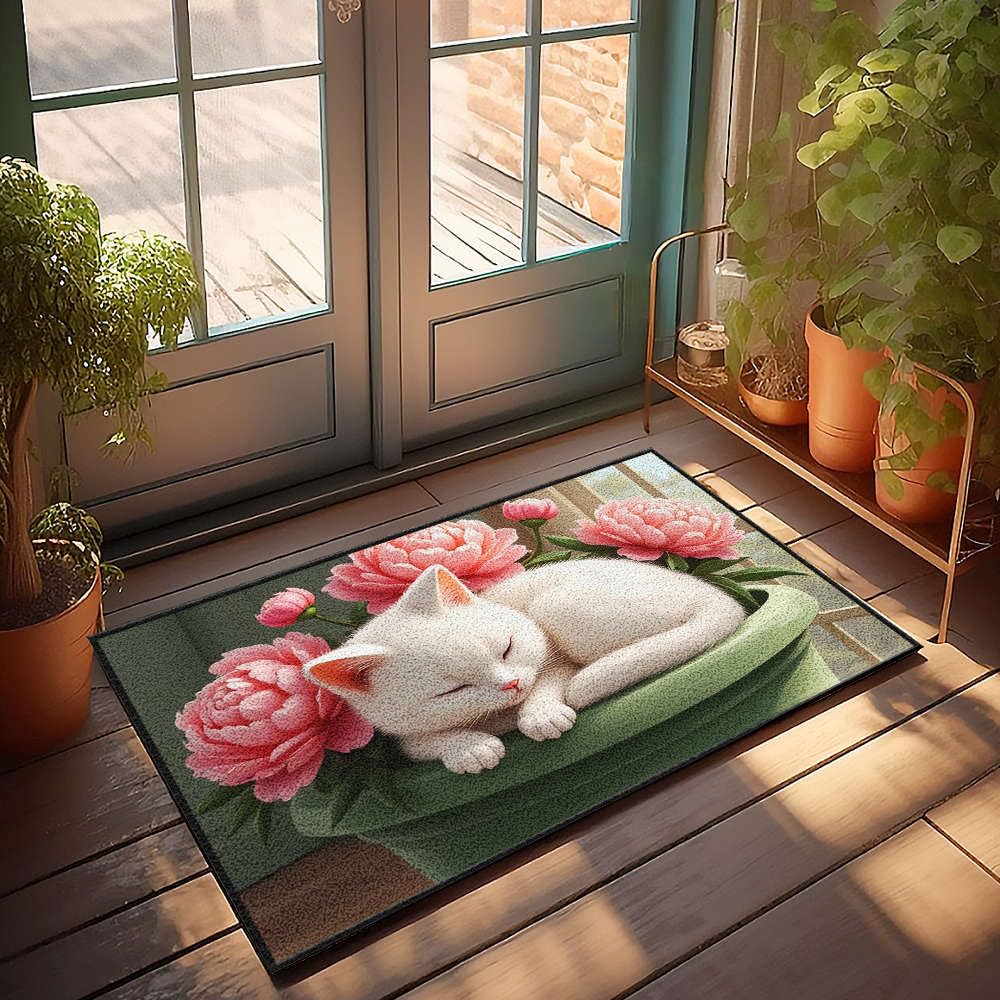 Paillasson chat blanc et fleurs roses 65x90 cm imperméable pour entrée