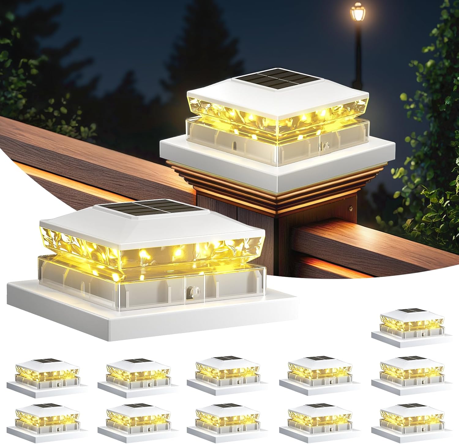 16 Pack Solar Post Cap Light,White Solar Powered Fence light, 4x4 IP65 Waterproof Outdoor Post Solar Lights for Garden & Patio Deck Lights for 3.5x3.5,4x4,5x5 Wood & Vinyl Posts Warm White Lighting 16 pack White