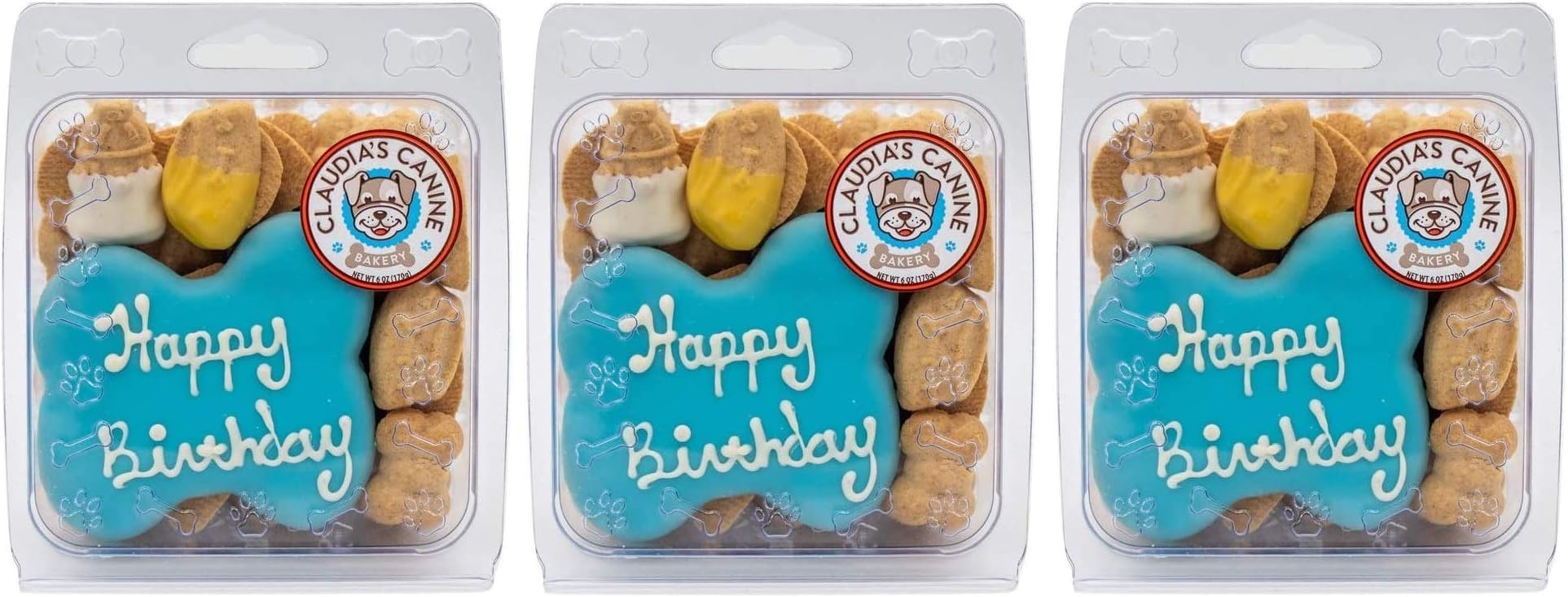 Claudia's Canine Bakery 3 Pack of Blue Happy Birthday Dog Cookie Clamshells, 7 Ounces Each, Baked in The USA