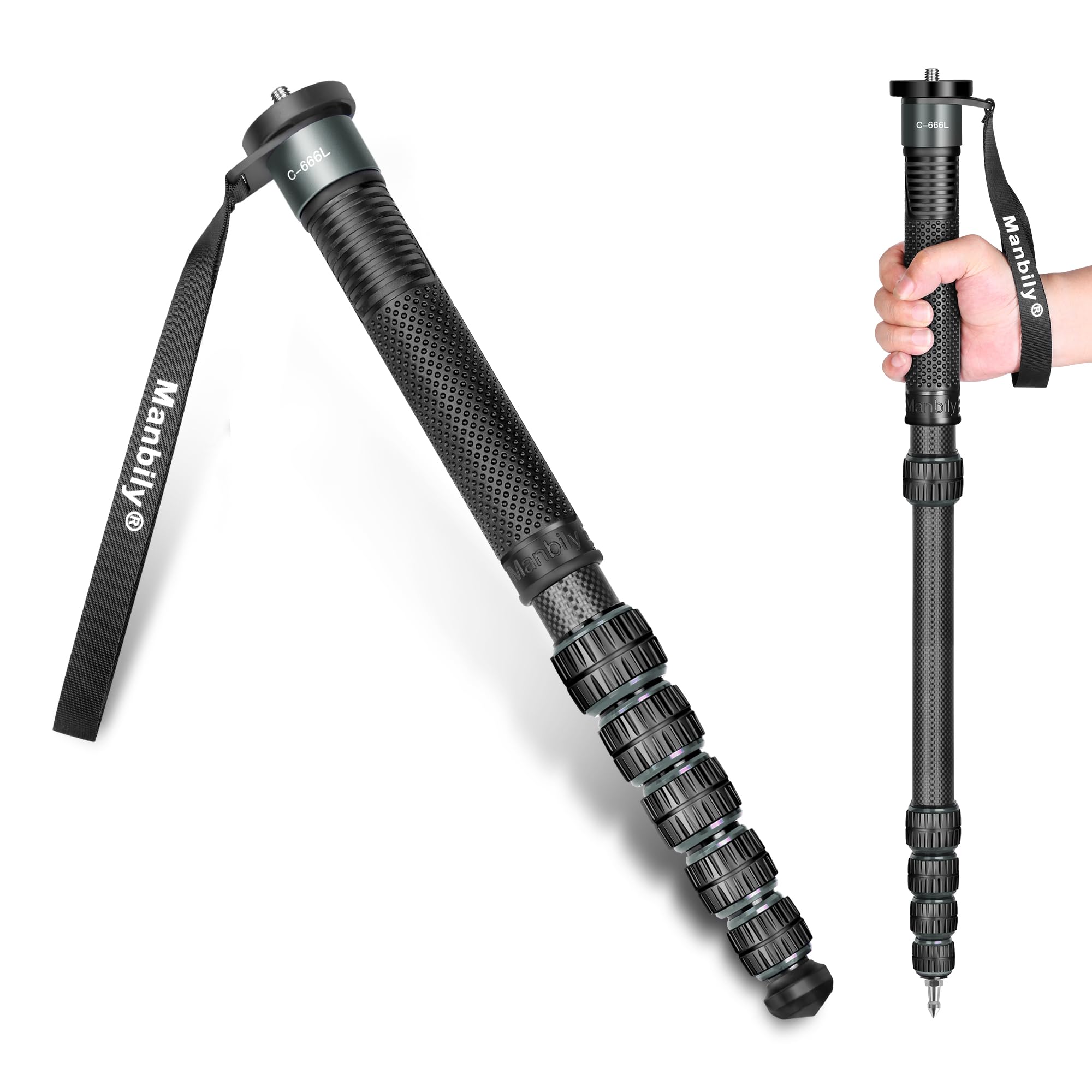 Manbily C-666L 32mm Einbeinstativ Carbon für Kameras 44cm-174cm Kohlefaser Monopod Stativ DSLR Reise-Einbeinstativ 6 Abschnitte Wanderstöcke Max. 15KG, 1/4 & 3/8 Zoll für Videokamera