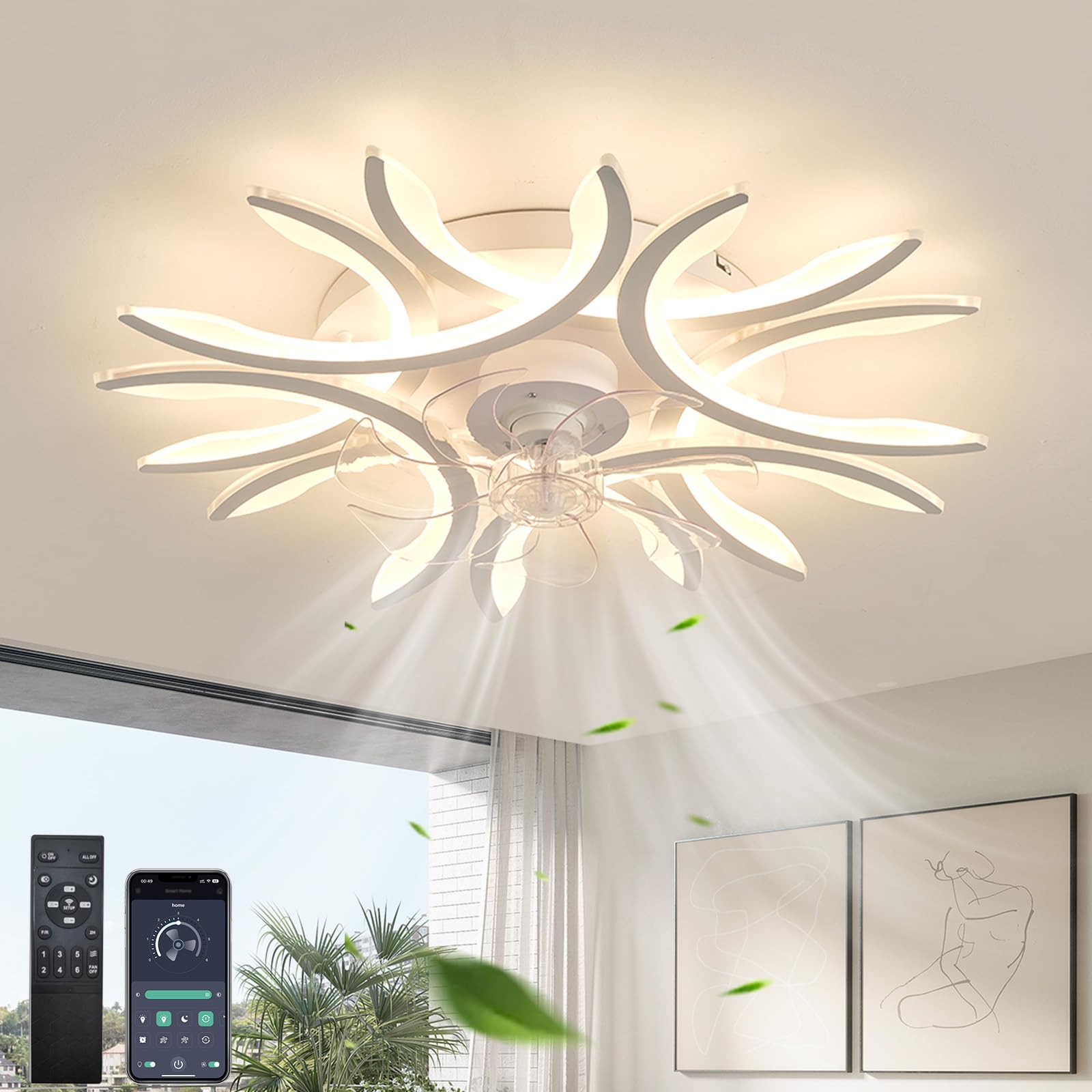 Inteligente Lámpara De Techo Con Mando A Distancia, Regulable Candelabro Memoria Protección Ocular Salón Lampara De Techo Sin Parpadeo Dormitorio Sala, Blanco