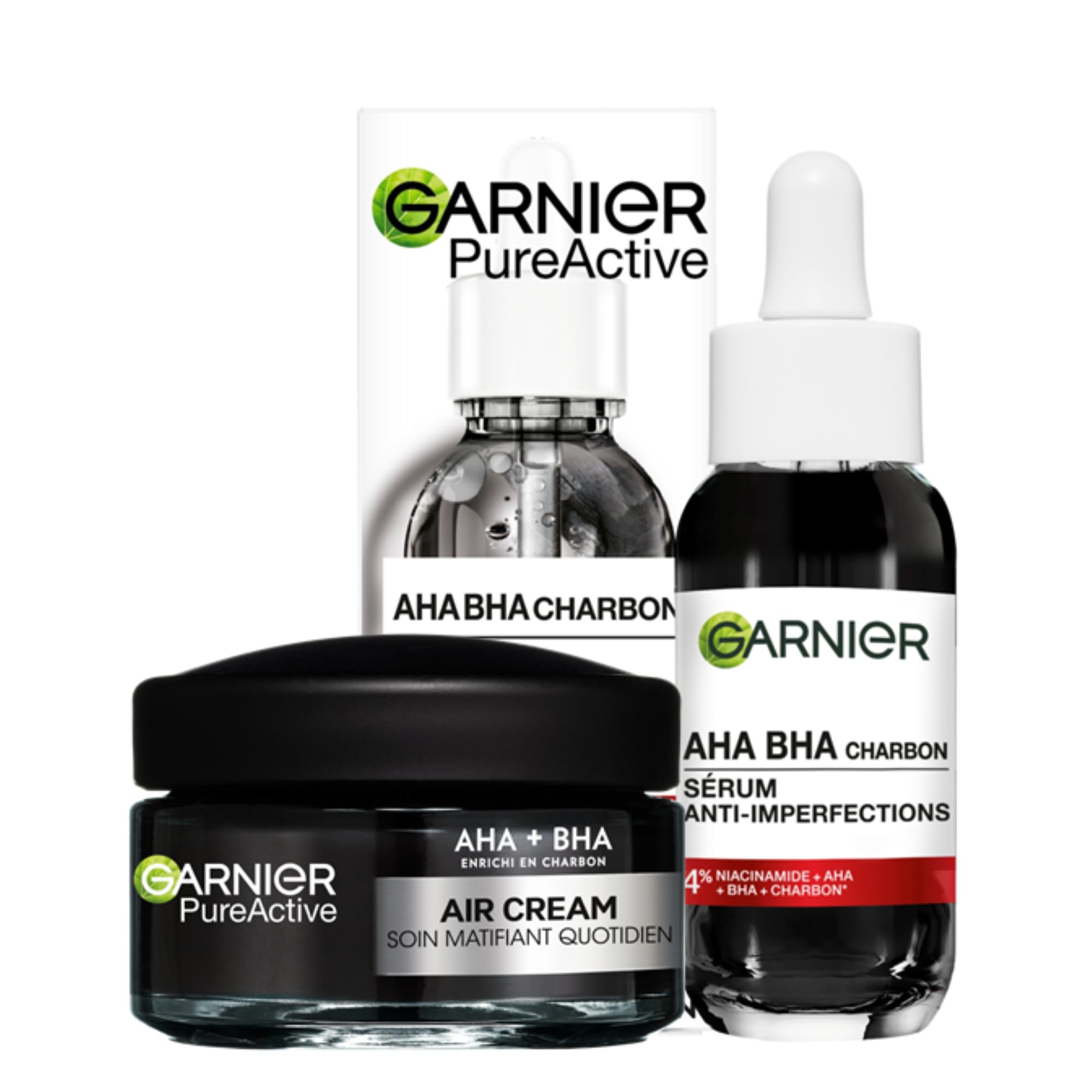 Garnier Air Cream AHA BHA Crème Visage Hydratante Matifiante au Charbon 50ml + Garnier PureActive Sérum Anti-Imperfections au Charbon Niacinamide AHA BHA Traitement Points Noirs 30ml