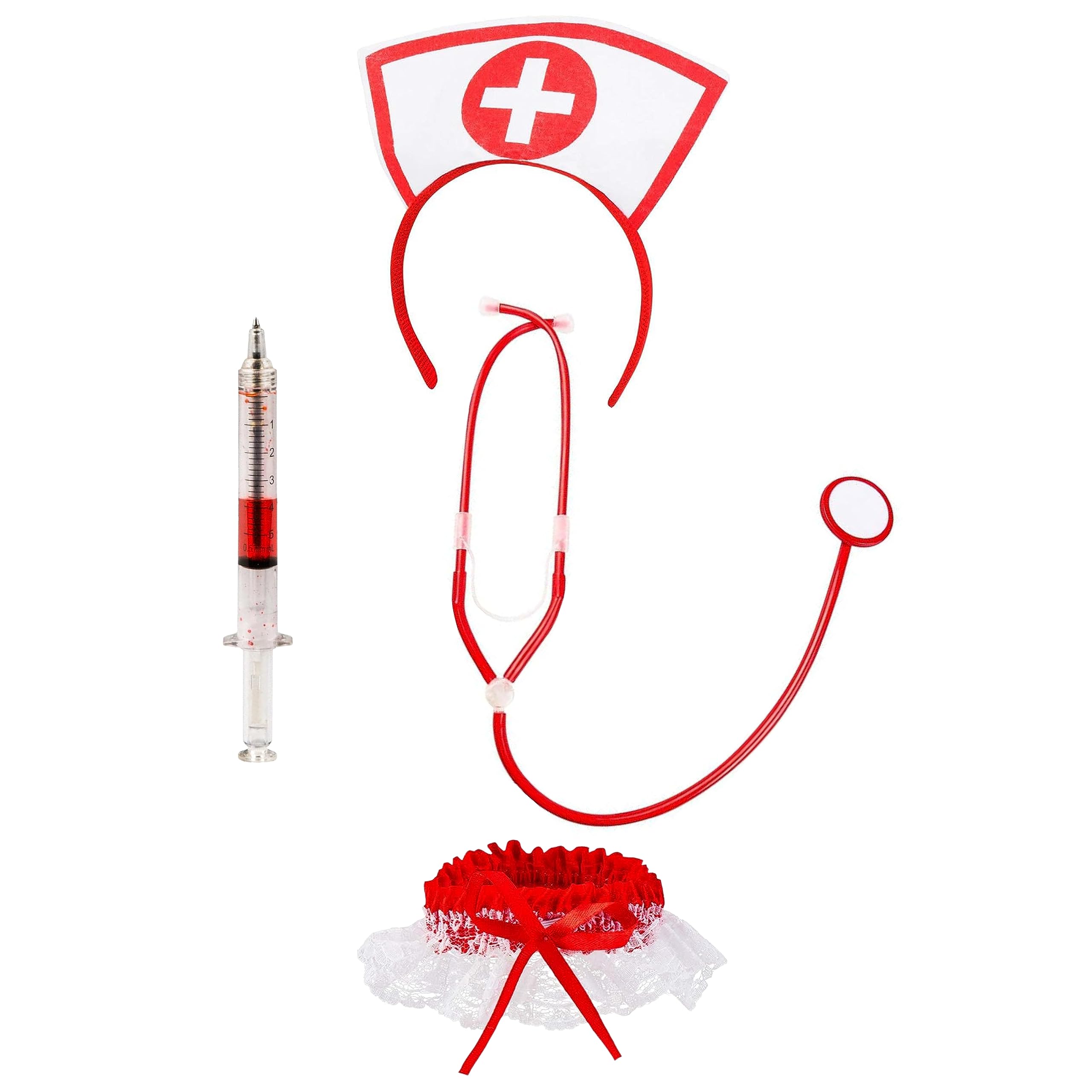 Lizzy | Nurse Kit 4pc Set | Headband, Toy Stethoscope, Syringe Pen, Garter | Fancy Dress, Role Play, Themed Party Accessory for Doctor or Nurse Costume