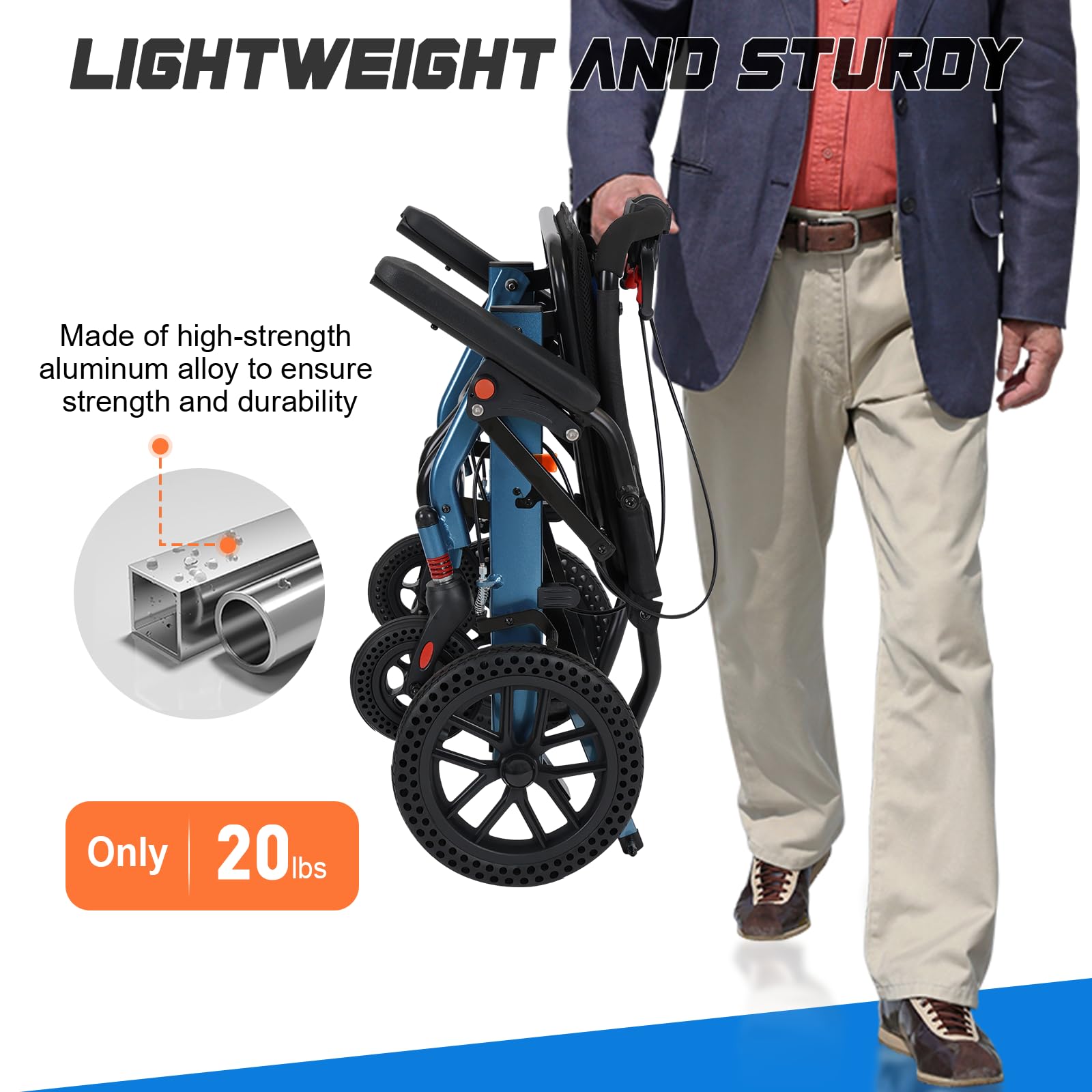 20 LBS Lightweight Foldable Transport Wheelchair for Adults & Seniors - 10” Honeycomb Tires, Double Handbrake, Aluminum Frame, Holds 220 LBS, Portable for Travel & Daily Use