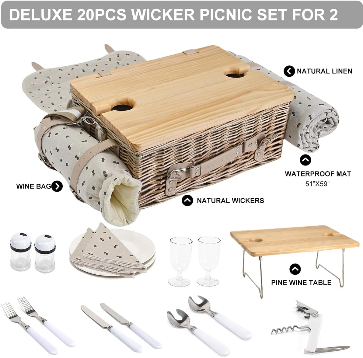 Multifunctional Wicker Picnic Basket Set for 2 with Blanket and Picnic Table, Insulated Picnic Set with Full Tablewares for Camping Outdoor Couples,Cherry - Image 5