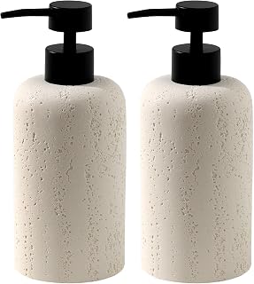 Haocoott Travertine Soap Dispensers 2 Pack, 400mL Cream Resin Pumps for Kitchen Bathroom Countertop - Leak-Proof Dish Lotion Shampoo Dispenser