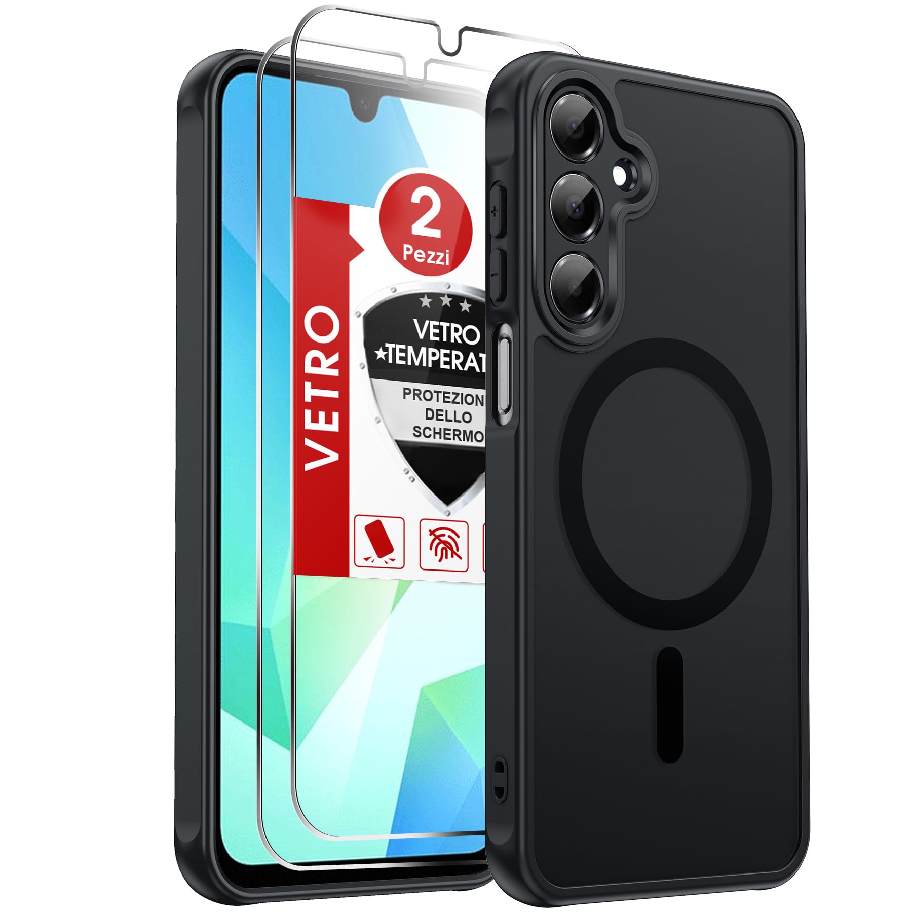 LeYi Cover Magnetica per Samsung Galaxy A16 5G con 2 Pezzi Vetro Temperato, Custodia per A 16 Traslucida Opaca Anti-Impronte Resistente ai Graffi Paraurti in TPU Antiurto Protettiva Case, Nero