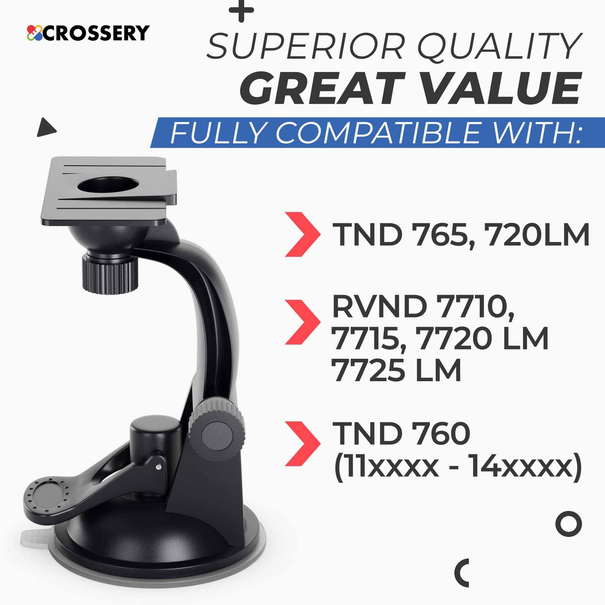 Crossery Soporte de ventosa para parabrisas para tablet Rand McNally TND 765 - Soporte GPS Rand Mcnally compatible con TND 750 Truck GPS, TND 720 LM, TripMaker RVND 7715 LM, RVND 7720 LM, RVND 7725 LM
