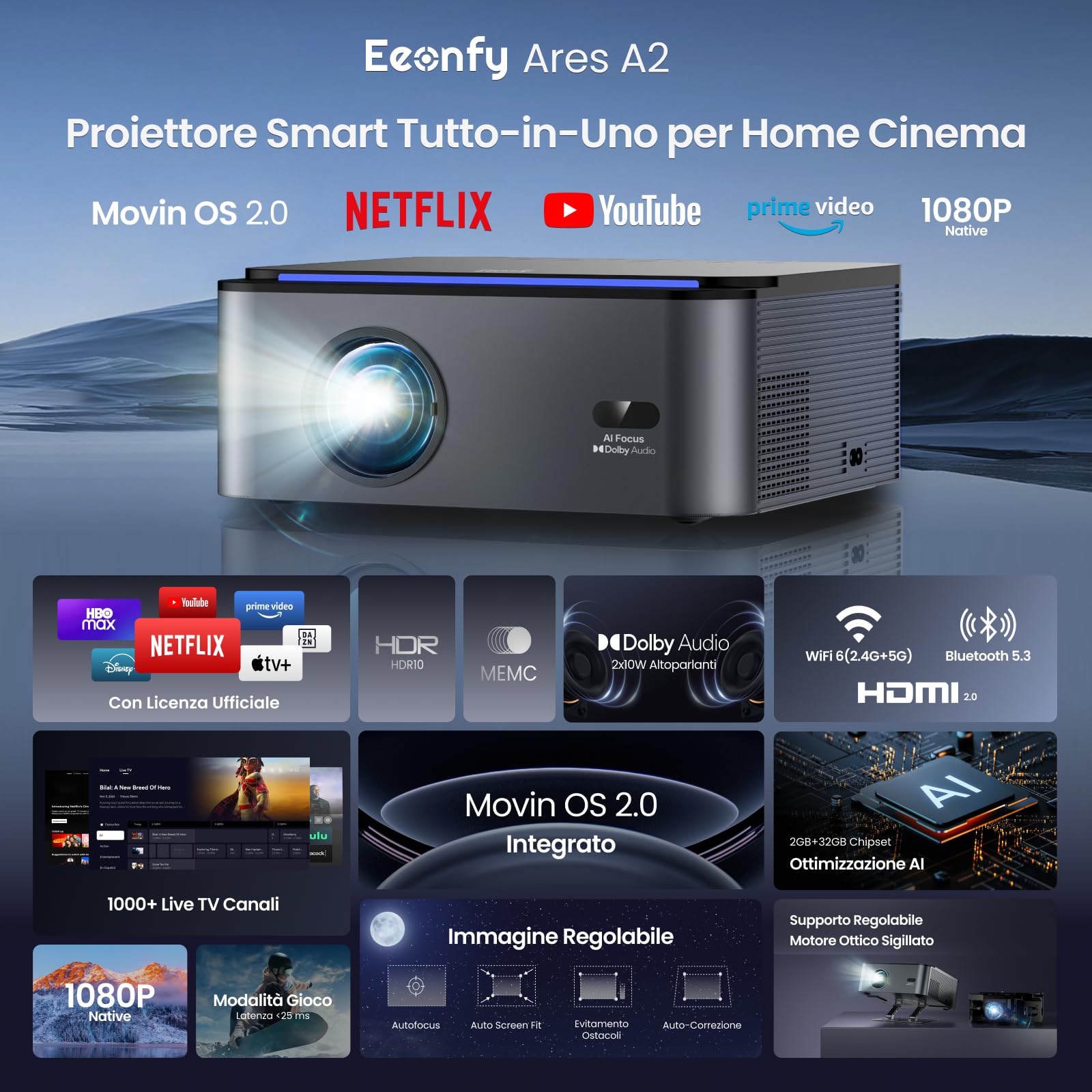 Proiettore 4K【Netflix Ufficiale/1200 ANSI】con Live TV, Dolby Audio, Autofocus/Keystone, Proiettore 4K Smart TV, Videoproiettore WiFi6 Bluetooth, <25ms, Eeenfy Ares A2 1080P Proiettori per Case/PS5/PC