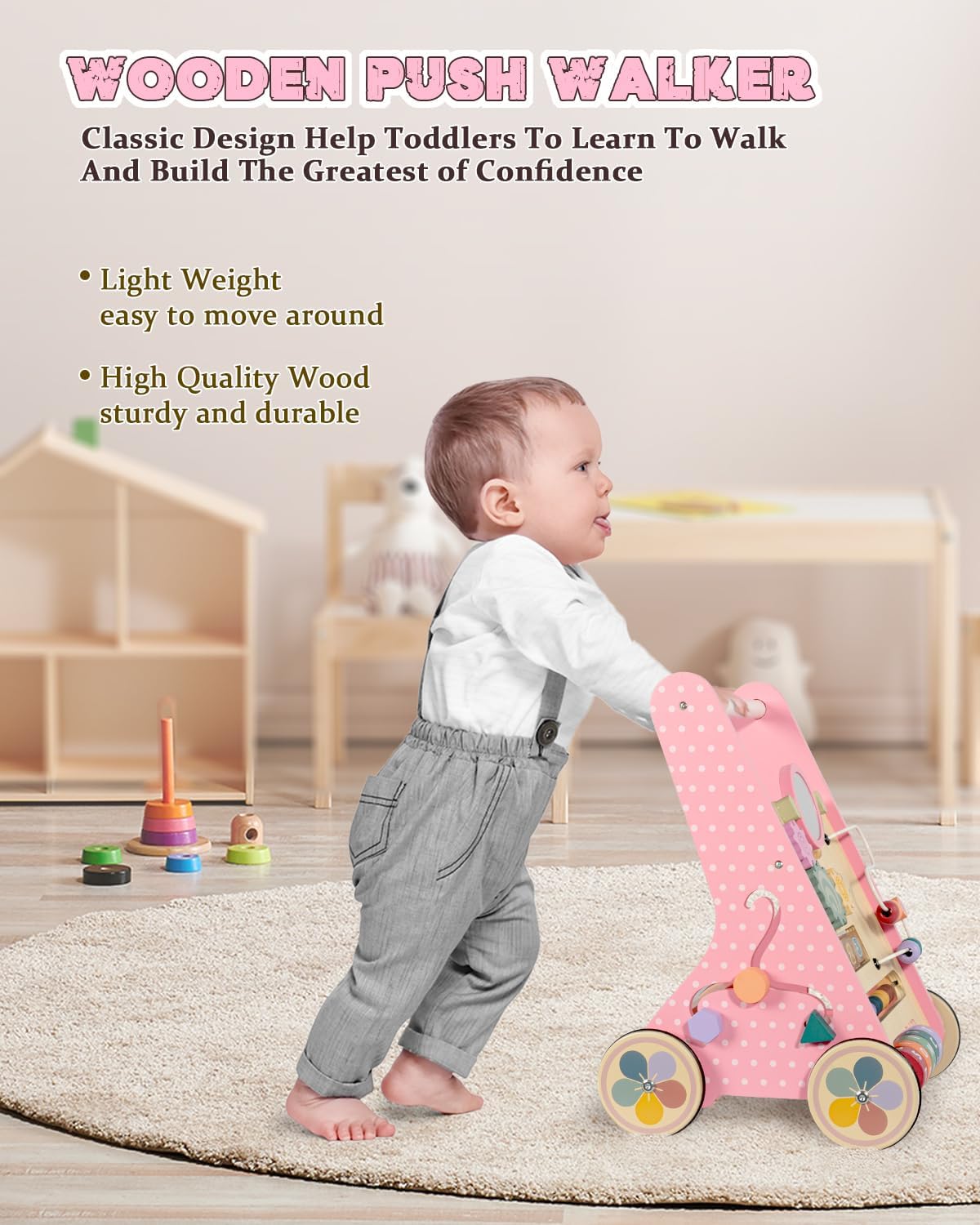 LOL-FUN Baby Lauflernwagen Holz, Rosa,Small | Lernspielzeug für Spaziergänge, Bodenschutz, Montessori, Aktivitätszentrum, 1 Jahr altes Kleinkind