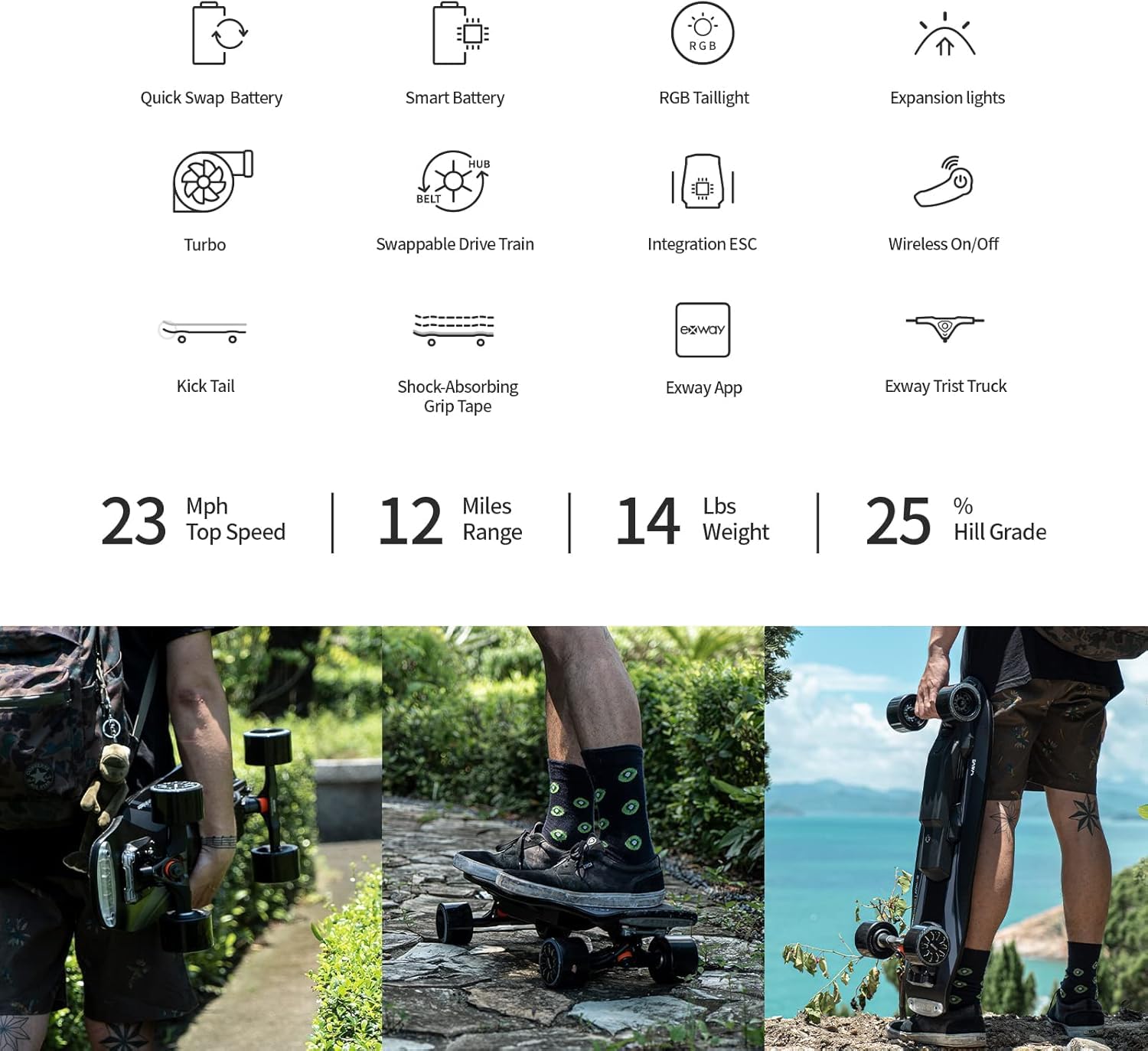 EXWAY Wave Riot 180Wh Electric Skateboard with Remote, Top Speed of 23 Mph, Quick-Swap Battery, 440 LBS Max Load, IP55 Waterproof, Cruiser for Adults & Teens